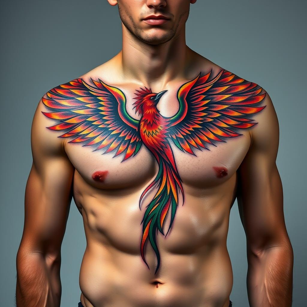 A breathtaking full-body tattoo depicting a phoenix rising from the ashes, its fiery wings unfurling across the subject's torso and limbs. The intricate design features rich jewel-toned hues, with shimmering gold accents highlighting the phoenix's intricately detailed feathers. The lighting is dramatic, casting dramatic shadows that accentuate the powerful, transformative nature of the imagery. The subject's pose is one of inner strength and resolve, conveying a sense of personal growth and rebirth. The background is minimalist, allowing the tattoo to be the sole focus, a striking visual representation of the individual's cultural and historical journey of self-discovery. A breathtaking full-body tattoo depicting a phoenix rising from the ashes, its fiery wings unfurling across the subject's torso and limbs. The intricate design features rich jewel-toned hues, with shimmering gold accents highlighting the phoenix's intricately detailed feathers. The lighting is dramatic, casting dramatic shadows that accentuate the powerful, transformative nature of the imagery. The subject's pose is one of inner strength and resolve, conveying a sense of personal growth and rebirth. The background is minimalist, allowing the tattoo to be the sole focus, a striking visual representation of the individual's cultural and historical journey of self-discovery.