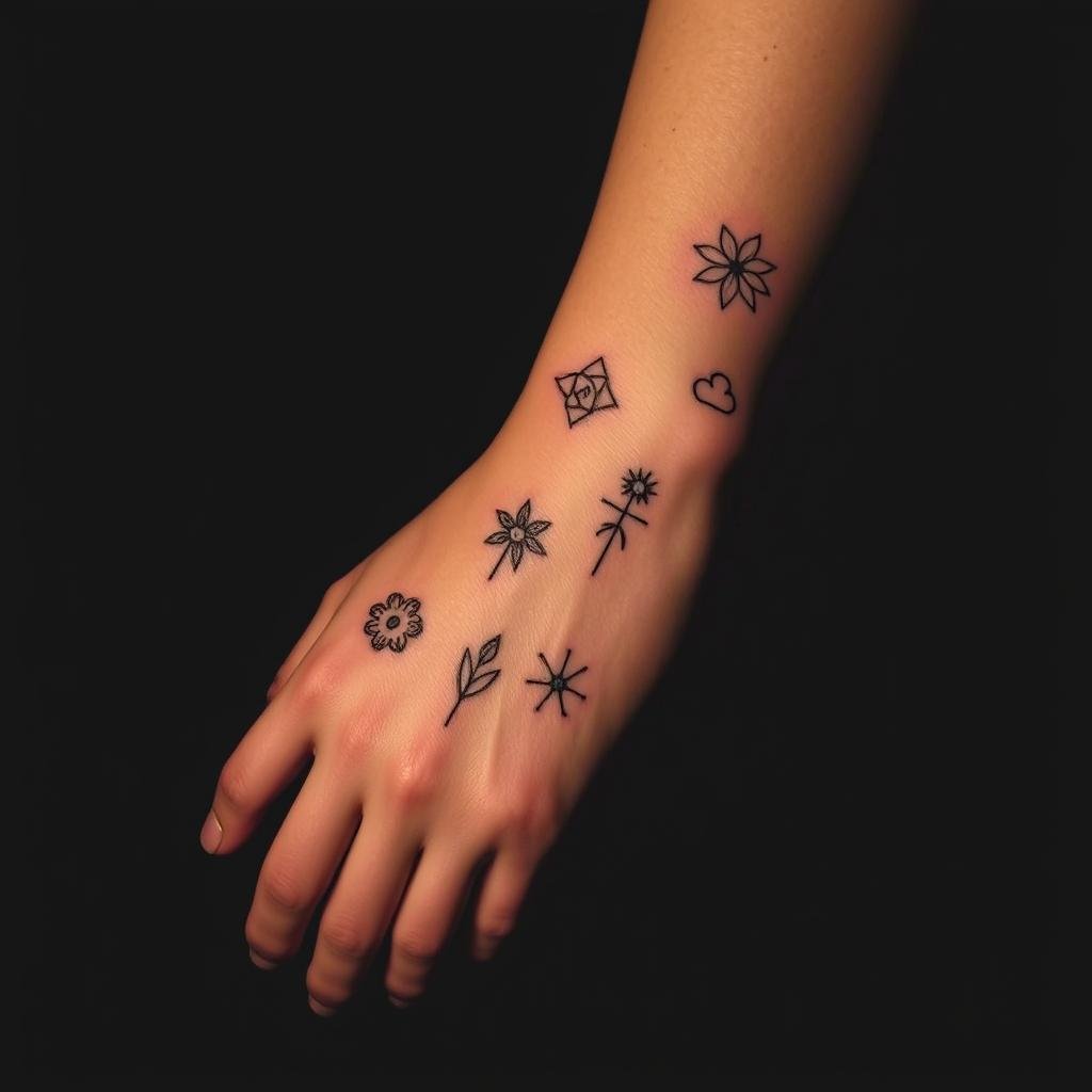 A captivating collection of edgy small tattoos, meticulously crafted against a moody, atmospheric backdrop. Intricate line work and bold lineart adorn the skin, spanning a range of minimalist styles - from delicate floral motifs to bold geometric shapes and abstract symbols. The tattoos are illuminated by warm, soft lighting, casting subtle shadows that accentuate their depth and texture. The image captures the evolution of the baddie aesthetic, where self-expression through body art is elevated to a refined, fashion-forward statement. A sense of understated elegance and edge permeates the scene, inviting the viewer to explore the intersection of tattoo culture and contemporary style. A captivating collection of edgy small tattoos, meticulously crafted against a moody, atmospheric backdrop. Intricate line work and bold lineart adorn the skin, spanning a range of minimalist styles - from delicate floral motifs to bold geometric shapes and abstract symbols. The tattoos are illuminated by warm, soft lighting, casting subtle shadows that accentuate their depth and texture. The image captures the evolution of the baddie aesthetic, where self-expression through body art is elevated to a refined, fashion-forward statement. A sense of understated elegance and edge permeates the scene, inviting the viewer to explore the intersection of tattoo culture and contemporary style.