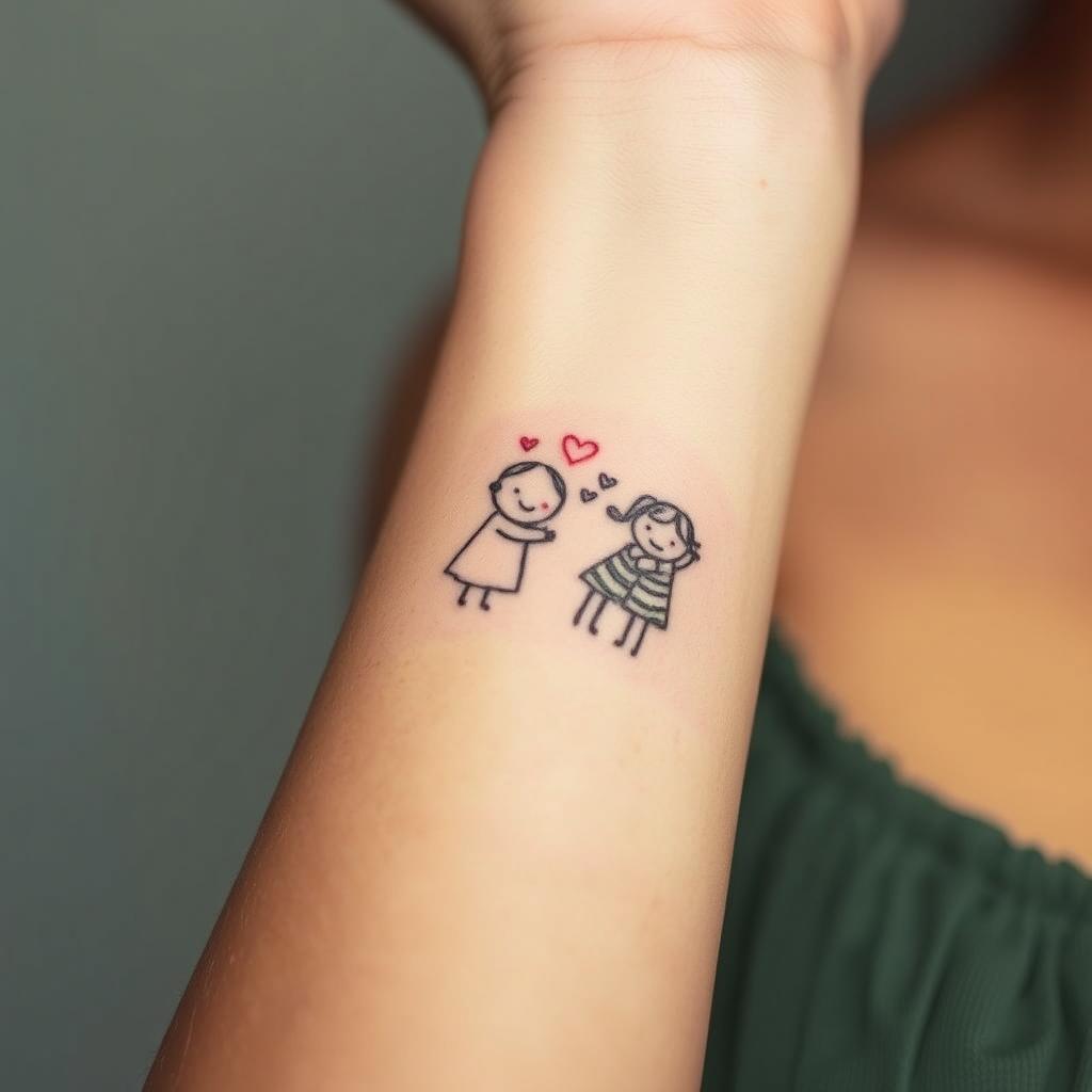 A close-up portrait of a woman's forearm, featuring two delicate tattoos depicting a mother hugging her two children. The tattoos are rendered in a minimalist, whimsical style, with soft lines and muted colors that evoke a sense of tenderness and emotional connection. The skin has a natural, slightly textured appearance, highlighting the tattoos' intricate details. The lighting is soft and diffused, creating a warm, intimate atmosphere. The background is blurred, keeping the focus solely on the meaningful tattoos and the woman's arm. The overall composition and styling convey the cherished bond between a mother and her children, as well as the care and attention a busy mom may devote to her body art. A close-up portrait of a woman's forearm, featuring two delicate tattoos depicting a mother hugging her two children. The tattoos are rendered in a minimalist, whimsical style, with soft lines and muted colors that evoke a sense of tenderness and emotional connection. The skin has a natural, slightly textured appearance, highlighting the tattoos' intricate details. The lighting is soft and diffused, creating a warm, intimate atmosphere. The background is blurred, keeping the focus solely on the meaningful tattoos and the woman's arm. The overall composition and styling convey the cherished bond between a mother and her children, as well as the care and attention a busy mom may devote to her body art.