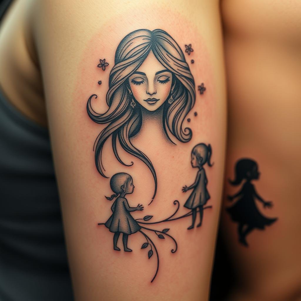 A close-up shot of three intricately detailed tattoos depicting a symbolic mother figure with her three children. The mother's tattoo is a serene, ethereal portrait with flowing hair and a peaceful expression, surrounded by delicate floral motifs. The children's tattoos feature stylized silhouettes of their youthful forms, each with unique elements that represent their personalities and bond with their parent. The tattoos are rendered in a muted color palette with subtle gradients, creating a sense of timeless, ancestral significance. The lighting is soft and diffused, highlighting the tender, intimate nature of the artwork. The camera angle is slightly angled, drawing the viewer's eye to the intricate linework and shading that convey the profound emotional resonance of these family-inspired tattoos.