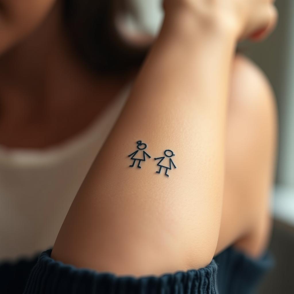 A close-up view of a mother's arm, showcasing two delicate tattoos depicting her two children. The tattoos are rendered in a minimalist, line-art style, capturing the essence of the mother-child bond. Soft, warm lighting illuminates the skin, creating a gentle, intimate atmosphere. The tattoos are the focal point, positioned prominently in the center of the frame, with a blurred, out-of-focus background to draw the viewer's attention. The image conveys a sense of love, dedication, and the special connection between a mother and her children. A close-up view of a mother's arm, showcasing two delicate tattoos depicting her two children. The tattoos are rendered in a minimalist, line-art style, capturing the essence of the mother-child bond. Soft, warm lighting illuminates the skin, creating a gentle, intimate atmosphere. The tattoos are the focal point, positioned prominently in the center of the frame, with a blurred, out-of-focus background to draw the viewer's attention. The image conveys a sense of love, dedication, and the special connection between a mother and her children.