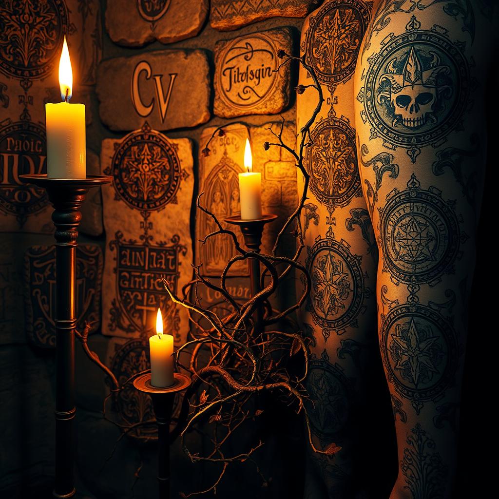 A collection of intricate medieval tattoo designs, rich with symbolic details and ornate patterns. Ornate Gothic motifs, heraldic crests, and runes adorn the foreground, cast in warm candlelight. In the middle ground, twisted vines and thorns intertwine, creating a sense of organic texture. The background features a dimly lit stone wall, suggesting the worn, weathered ambiance of a historic castle or cloister. Shadows and highlights accentuate the depth and dimensionality of the tattoos, giving them a sense of age and authenticity. The overall atmosphere evokes the mysticism and rugged elegance of the medieval era.