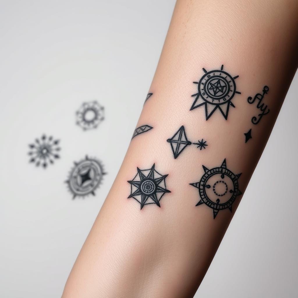 A collection of symbolic mini baddie tattoos, delicately inked on the skin. Prominent in the foreground, intricate designs featuring celestial motifs, talismanic symbols, and bold graphic elements. Shades of black, grey, and deep rich hues create a moody, high-contrast aesthetic. The tattoos are depicted with crisp, clean linework and subtle shading, capturing the essence of modern baddie style. Soft, diffused lighting casts gentle shadows, emphasizing the dimensional quality of the intricate tattoo work. A neutral, minimalist background allows the tattoos to take center stage, showcasing their symbolic meaning and visual appeal. A collection of symbolic mini baddie tattoos, delicately inked on the skin. Prominent in the foreground, intricate designs featuring celestial motifs, talismanic symbols, and bold graphic elements. Shades of black, grey, and deep rich hues create a moody, high-contrast aesthetic. The tattoos are depicted with crisp, clean linework and subtle shading, capturing the essence of modern baddie style. Soft, diffused lighting casts gentle shadows, emphasizing the dimensional quality of the intricate tattoo work. A neutral, minimalist background allows the tattoos to take center stage, showcasing their symbolic meaning and visual appeal.