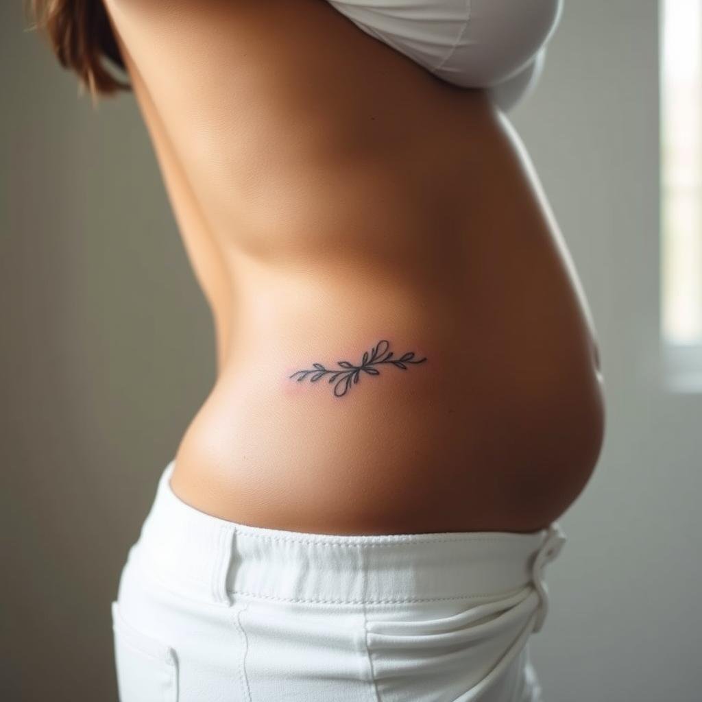 A curvy woman's torso, her back slightly arched, as she stands in soft, natural lighting. Her stomach area is the focal point, showcasing the placement of a intricate tattoo design that complements her figure. The tattoo is delicately rendered, with fine lines and subtle shading, creating a visually compelling contrast against her skin tone. The pose highlights the curves of her body, conveying a sense of confidence and self-acceptance. The background is blurred, keeping the attention on the tattoo placement and the model's figure. A curvy woman's torso, her back slightly arched, as she stands in soft, natural lighting. Her stomach area is the focal point, showcasing the placement of a intricate tattoo design that complements her figure. The tattoo is delicately rendered, with fine lines and subtle shading, creating a visually compelling contrast against her skin tone. The pose highlights the curves of her body, conveying a sense of confidence and self-acceptance. The background is blurred, keeping the attention on the tattoo placement and the model's figure.