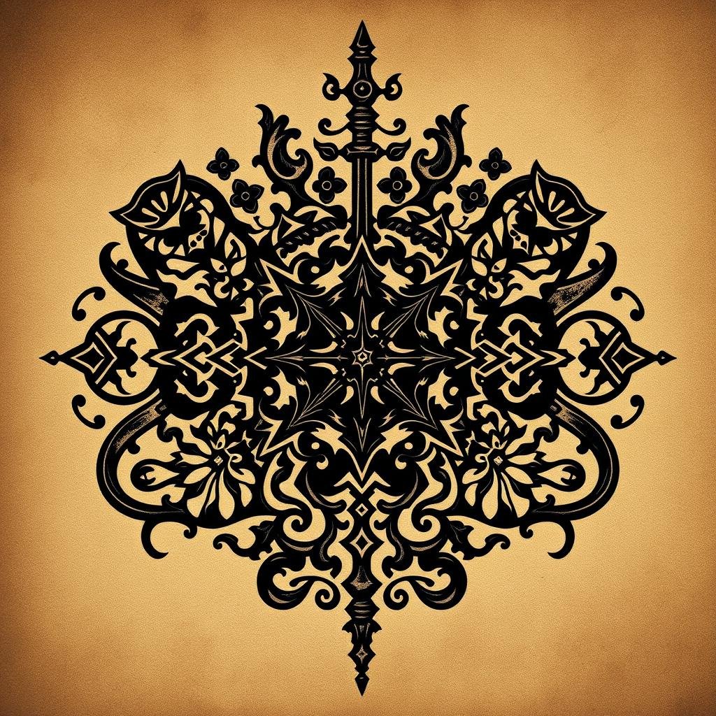 A darkly atmospheric traditional woodcut tattoo motifs scene, featuring a central focal point of intricate carved symbols and patterns reminiscent of medieval-era European woodcut illustrations. Rough, textured linework and areas of deep shadow convey a sense of antiquity and craftsmanship. The motifs are arranged in a balanced, symmetrical composition, with subtle variations in line weight and negative space. The overall mood is one of timeless, mystical artistry, perfectly suited to adorn the human canvas. Lit from an ambiguous source, with dramatic chiaroscuro effects highlighting the strong graphic elements. Rendered in a muted, earthy color palette to evoke the aesthetic of an aged, well-worn woodblock print. A darkly atmospheric traditional woodcut tattoo motifs scene, featuring a central focal point of intricate carved symbols and patterns reminiscent of medieval-era European woodcut illustrations. Rough, textured linework and areas of deep shadow convey a sense of antiquity and craftsmanship. The motifs are arranged in a balanced, symmetrical composition, with subtle variations in line weight and negative space. The overall mood is one of timeless, mystical artistry, perfectly suited to adorn the human canvas. Lit from an ambiguous source, with dramatic chiaroscuro effects highlighting the strong graphic elements. Rendered in a muted, earthy color palette to evoke the aesthetic of an aged, well-worn woodblock print.