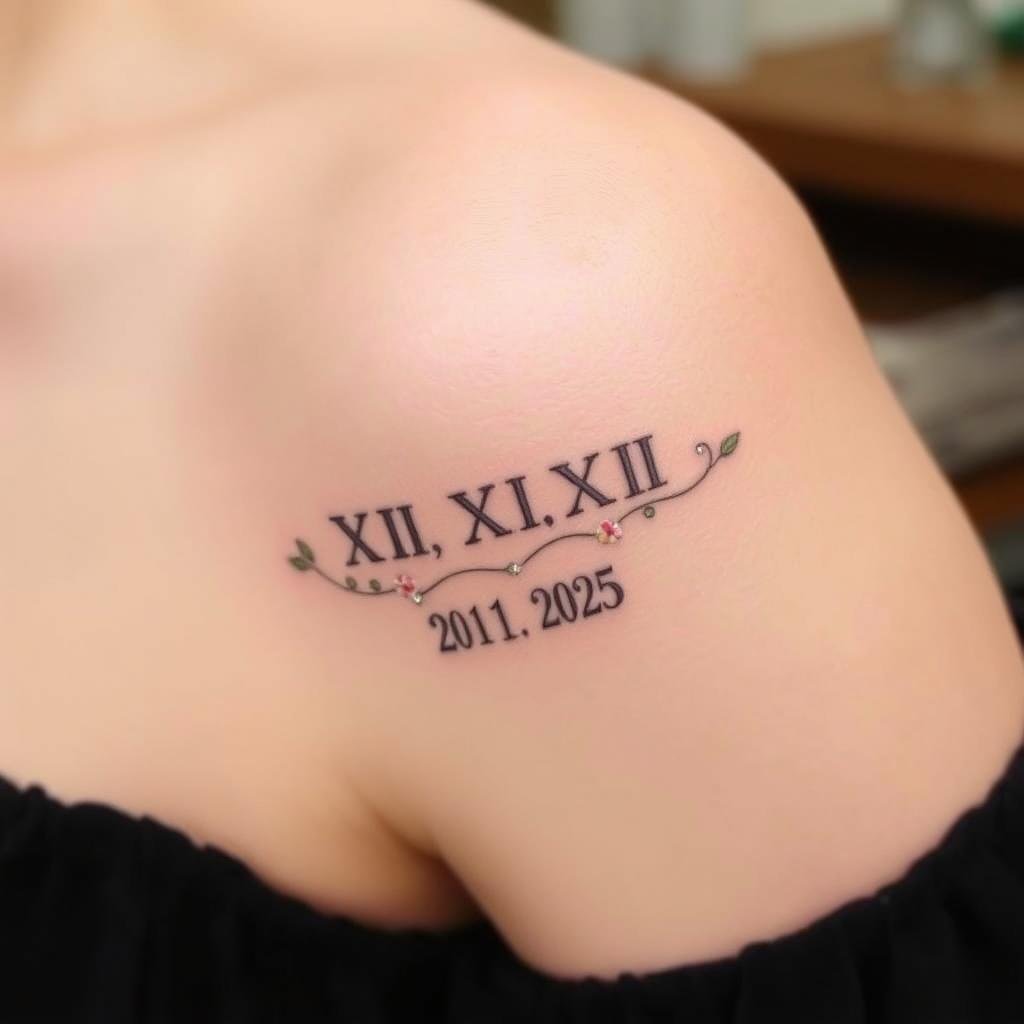 A delicate and meaningful tattoo design for a woman's upper arm, featuring Roman numerals and a date