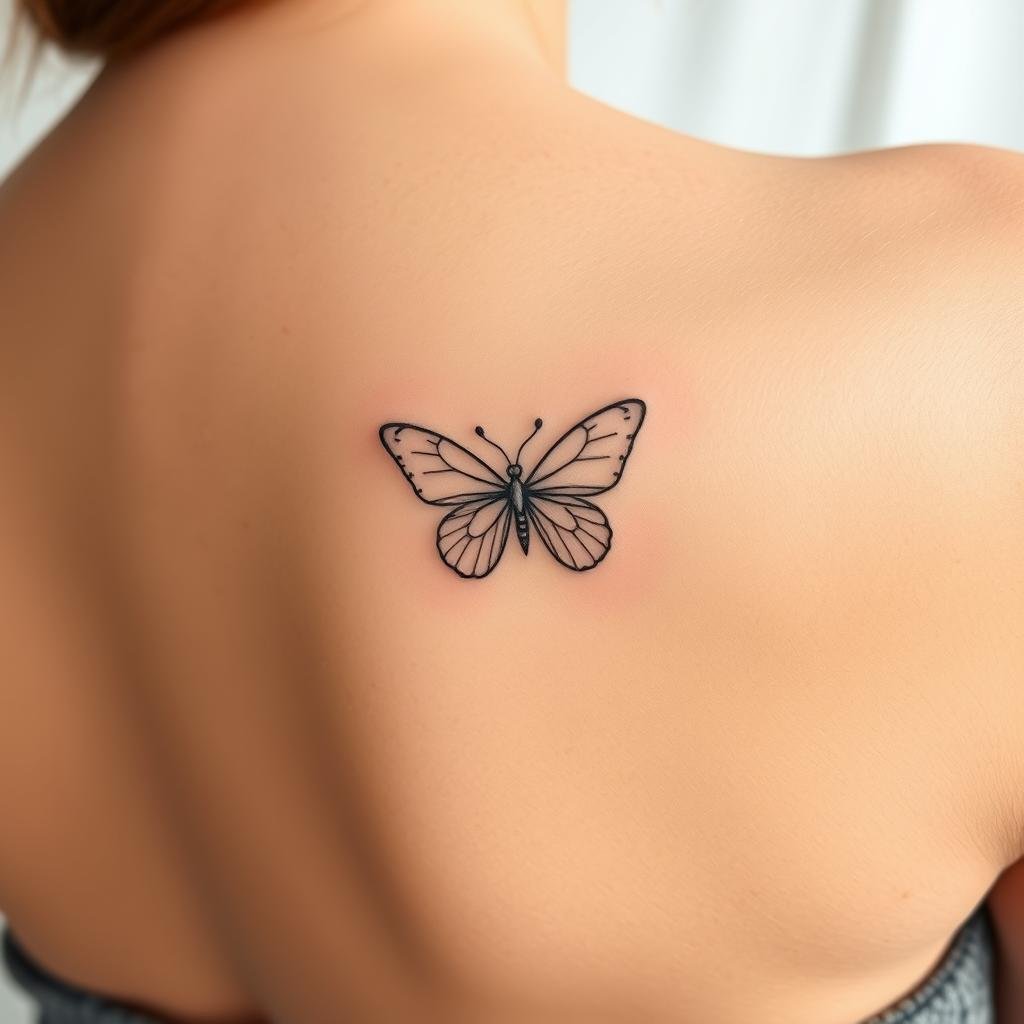 A delicate butterfly tattoo placed between the shoulder blades on the upper back A delicate butterfly tattoo placed between the shoulder blades on the upper back