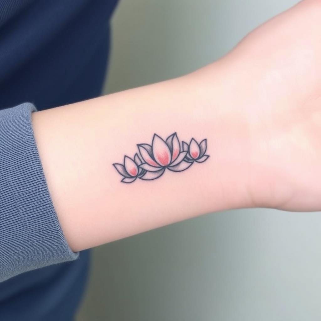A delicate colored tattoo on the wrist showing three blooming lotus flowers