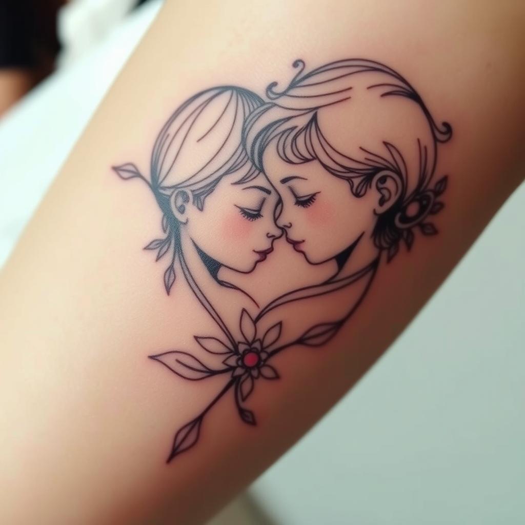 A delicate floral tattoo design featuring two intertwined children's profiles, captured in a soft, ethereal light. The intricate linework and subtle shading create a beautifully intricate, almost lace-like pattern that wraps tenderly around the skin. The design is balanced, with the children's portraits positioned thoughtfully, conveying a sense of harmony and love. The overall composition has a dreamy, feminine quality, with a warm, muted color palette that seamlessly blends with the natural skin tone. The tattoo is presented in a close-up, high-resolution view, showcasing the artistry and attention to detail. A delicate floral tattoo design featuring two intertwined children's profiles, captured in a soft, ethereal light. The intricate linework and subtle shading create a beautifully intricate, almost lace-like pattern that wraps tenderly around the skin. The design is balanced, with the children's portraits positioned thoughtfully, conveying a sense of harmony and love. The overall composition has a dreamy, feminine quality, with a warm, muted color palette that seamlessly blends with the natural skin tone. The tattoo is presented in a close-up, high-resolution view, showcasing the artistry and attention to detail.