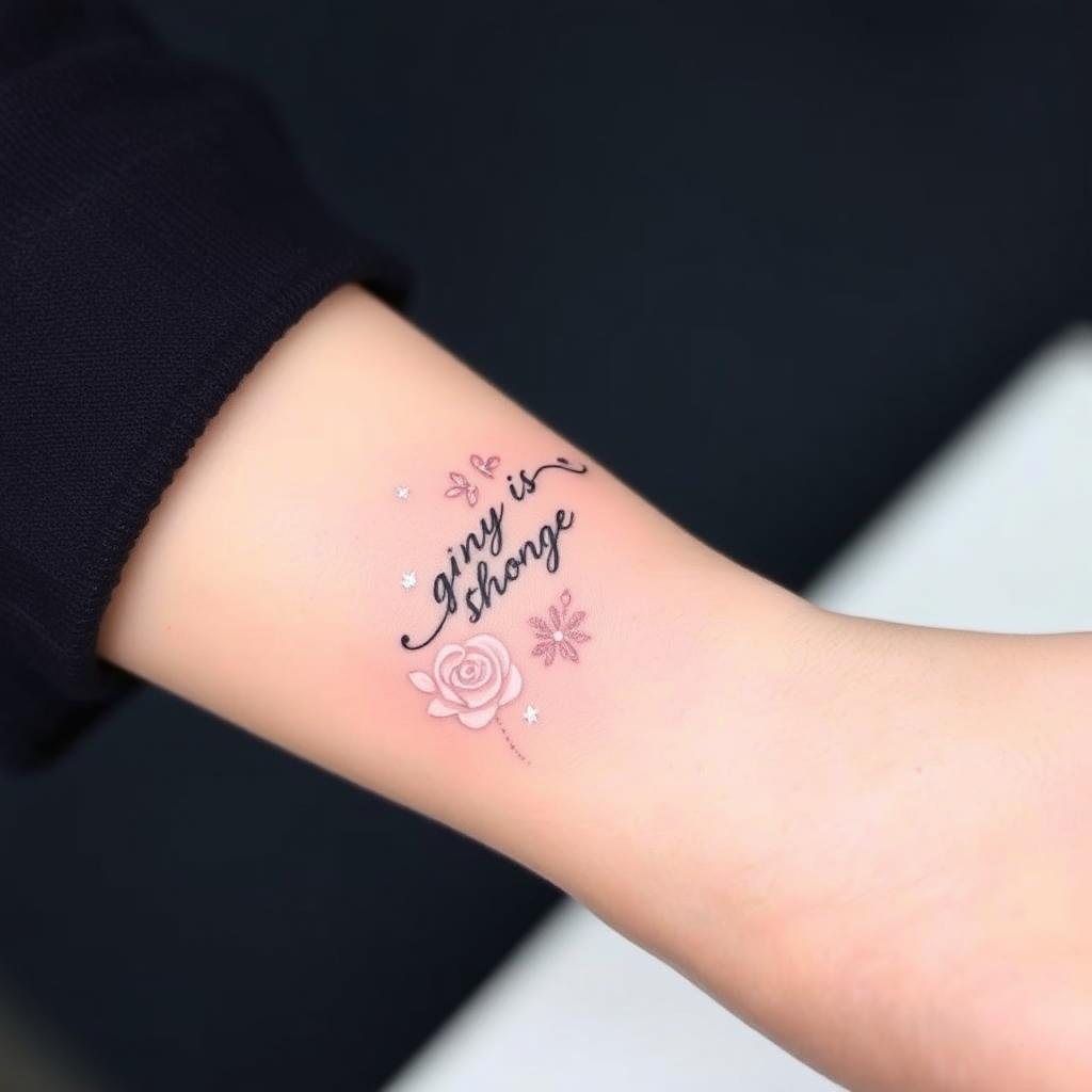 A delicate tattoo design featuring a special phrase in an elegant script, surrounded by subtle sparkling details and small floral elements