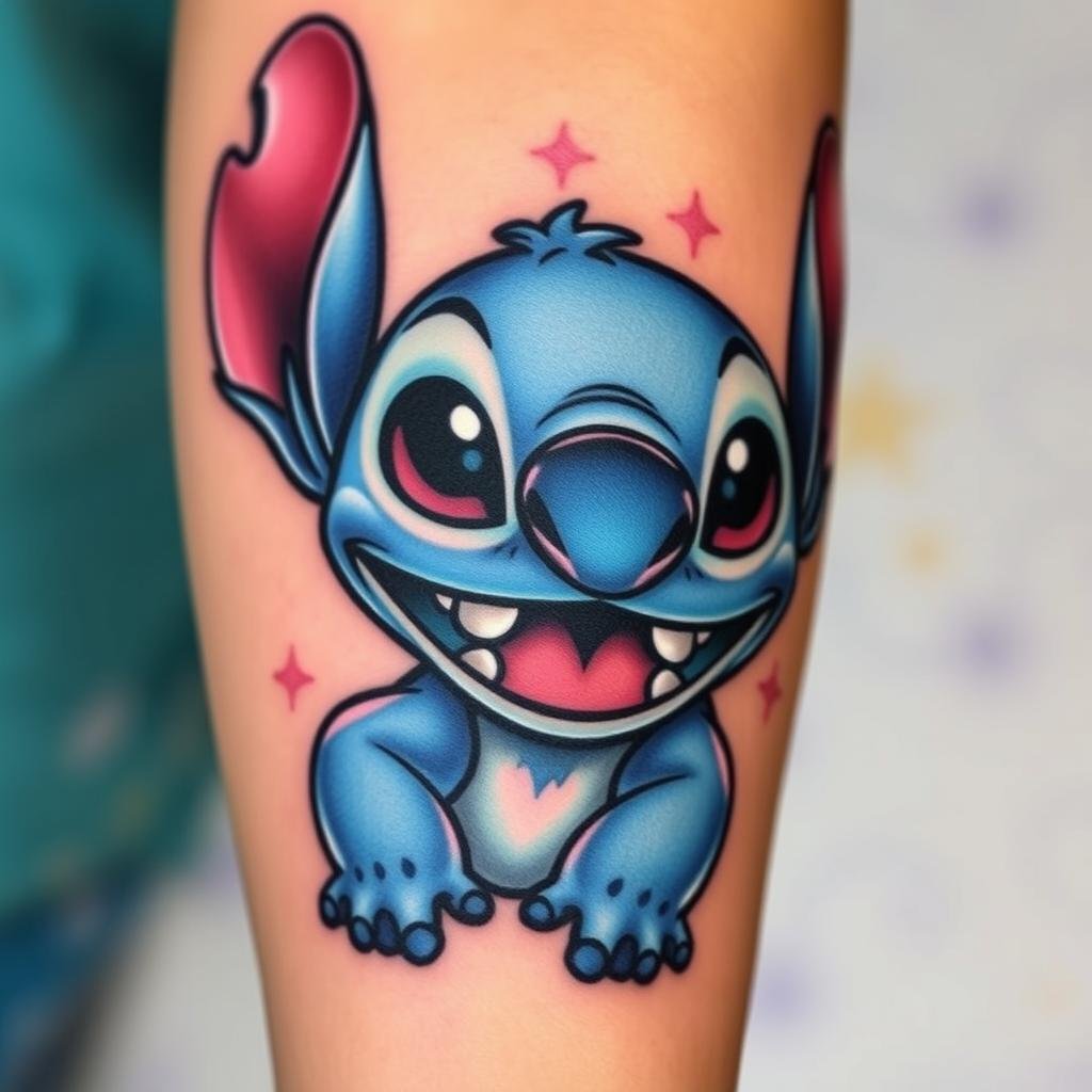 A detailed, close-up shot of a vibrant Stitch tattoo design inspired by the beloved Disney character. The tattoo features Stitch's iconic blue fur, large black eyes, and mischievous grin, captured in a realistic, high-quality rendering. The tattoo is set against a soft, blurred background with subtle Disney-themed elements, such as stars or swirling patterns, to create a whimsical, fandom-inspired atmosphere. The lighting is warm and natural, highlighting the intricate details of the tattoo design. The overall composition and perspective emphasize the tattoo as the central focus, showcasing it as a unique, personal expression of the Disney Stitch fandom. A detailed, close-up shot of a vibrant Stitch tattoo design inspired by the beloved Disney character. The tattoo features Stitch's iconic blue fur, large black eyes, and mischievous grin, captured in a realistic, high-quality rendering. The tattoo is set against a soft, blurred background with subtle Disney-themed elements, such as stars or swirling patterns, to create a whimsical, fandom-inspired atmosphere. The lighting is warm and natural, highlighting the intricate details of the tattoo design. The overall composition and perspective emphasize the tattoo as the central focus, showcasing it as a unique, personal expression of the Disney Stitch fandom.