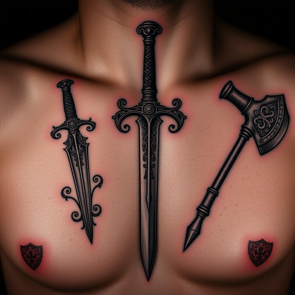 A detailed etching of medieval weaponry tattoos on the skin, featuring an ornate dagger, a battle-worn sword, and a rugged mace. The designs are beautifully intricate, with elegant swirling patterns and heraldic symbols, evoking the rich history and craftsmanship of the era. The tattoos are captured in striking chiaroscuro lighting, casting dramatic shadows that accentuate the textures and contours of the body. The overall composition is dynamic and visually captivating, inviting the viewer to closely examine the intricate details of these heroic, time-honored motifs.