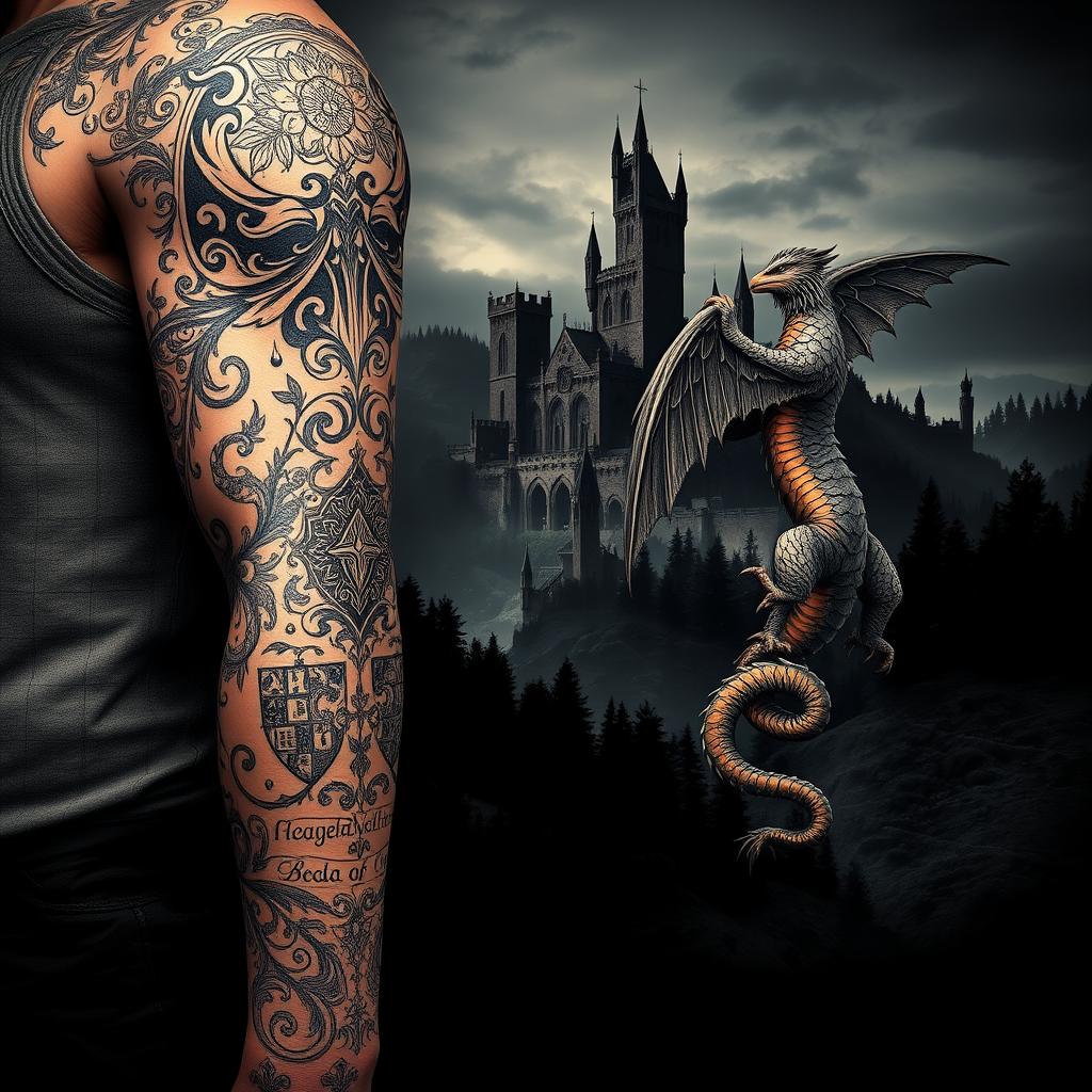A detailed medieval sleeve tattoo design featuring intricate motifs and symbols. In the foreground, ornate Gothic-inspired patterns adorn the arm, with intertwining vines, heraldic crests, and medieval script. The middle ground showcases mythical beasts like dragons and griffins, their scales and feathers rendered in rich, jewel-toned colors. In the background, a moody, shadowy landscape with towering castles and misty forests sets the atmospheric medieval tone. The lighting is dramatic, with strong chiaroscuro contrasts that accentuate the depth and texture of the tattoo. The angle captures the full length of the sleeve, showcasing the grandeur and scope of this immersive, large-scale body art concept.