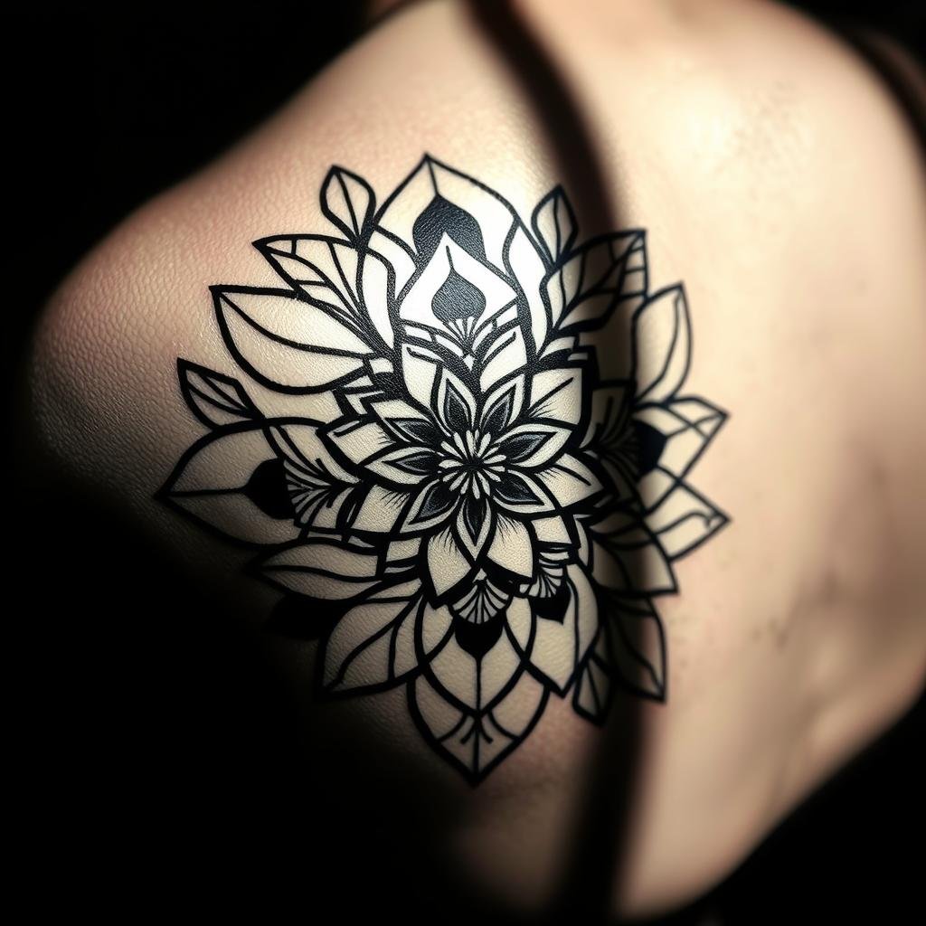 A detailed, modern woodcut-style tattoo design featuring a striking organic pattern with interlocking geometric shapes and forms. The design has a bold, high-contrast black and white palette with a sense of depth and dimensionality achieved through layered, overlapping elements. The woodcut-inspired texture and etched lines create a sense of handcrafted, artisanal quality. The composition is balanced and visually striking, with a focus on minimalist, abstract shapes that evoke a contemporary, minimalist aesthetic. Dramatic side lighting casts deep shadows, adding drama and depth to the design. The overall mood is one of modern, refined elegance. A detailed, modern woodcut-style tattoo design featuring a striking organic pattern with interlocking geometric shapes and forms. The design has a bold, high-contrast black and white palette with a sense of depth and dimensionality achieved through layered, overlapping elements. The woodcut-inspired texture and etched lines create a sense of handcrafted, artisanal quality. The composition is balanced and visually striking, with a focus on minimalist, abstract shapes that evoke a contemporary, minimalist aesthetic. Dramatic side lighting casts deep shadows, adding drama and depth to the design. The overall mood is one of modern, refined elegance.