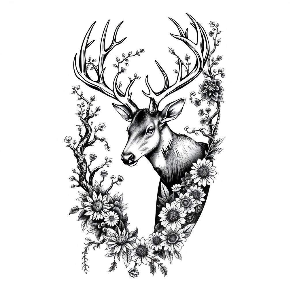 A detailed woodcut-style sleeve tattoo design featuring a central focus on a majestic stag or elk, its antlers intricately carved with intricate foliage patterns. Surrounding it, a mix of botanical elements like gnarled trees, tangled vines, and wild flowers, all rendered in a high-contrast black and white aesthetic reminiscent of classic woodblock prints. The overall composition should convey a sense of organic, earthy mysticism, with dramatic shadows and highlights creating depth and dimension. The design should be striking yet harmonious, capturing the essence of a woodcut-inspired tattoo sleeve. A detailed woodcut-style sleeve tattoo design featuring a central focus on a majestic stag or elk, its antlers intricately carved with intricate foliage patterns. Surrounding it, a mix of botanical elements like gnarled trees, tangled vines, and wild flowers, all rendered in a high-contrast black and white aesthetic reminiscent of classic woodblock prints. The overall composition should convey a sense of organic, earthy mysticism, with dramatic shadows and highlights creating depth and dimension. The design should be striking yet harmonious, capturing the essence of a woodcut-inspired tattoo sleeve.