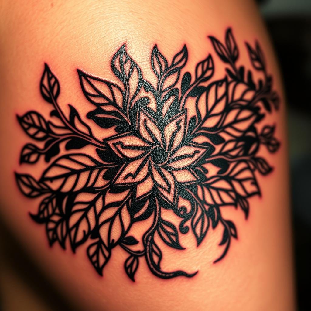 A detailed woodcut-style tattoo with bold, textured lines and a striking contrast of light and shadow. A central focal point of an intricate, organic design featuring natural elements like leaves, vines, or animal motifs. Harsh shadows and highlights create depth and a sense of dimension, while the rough, hand-carved aesthetic evokes a sense of authenticity and craftsmanship. The image should be captured from a slight angle, with a shallow depth of field to emphasize the tactile, three-dimensional quality of the tattoo design. The overall mood is one of raw, primal power and artistic expression. A detailed woodcut-style tattoo with bold, textured lines and a striking contrast of light and shadow. A central focal point of an intricate, organic design featuring natural elements like leaves, vines, or animal motifs. Harsh shadows and highlights create depth and a sense of dimension, while the rough, hand-carved aesthetic evokes a sense of authenticity and craftsmanship. The image should be captured from a slight angle, with a shallow depth of field to emphasize the tactile, three-dimensional quality of the tattoo design. The overall mood is one of raw, primal power and artistic expression.