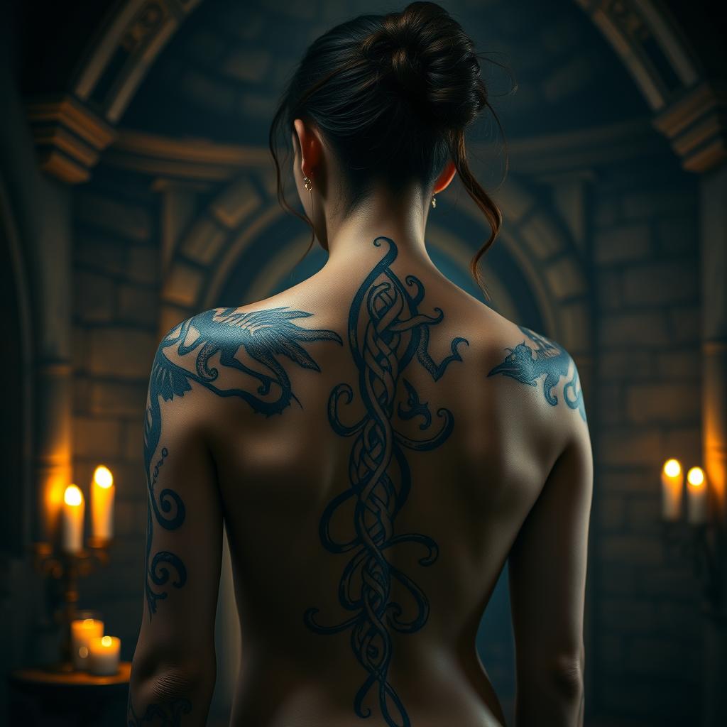 A dimly lit medieval chamber, with ornate stone walls and flickering candles casting soft, warm light. In the foreground, a model's back is adorned with intricate, swirling tattoo designs reminiscent of ancient scripts and symbols - a blend of Celtic knots, rune-like elements, and mythical creatures. The tattoos flow gracefully along the model's spine, shoulder blades, and the nape of the neck, creating a captivating, mystical impression. The overall atmosphere is one of reverence, history, and the enduring power of body art as a form of personal expression.