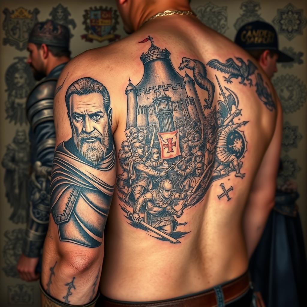A group of medieval historical figures, their portraits meticulously detailed on the skin of a warrior. In the foreground, a knight's arm bears the image of a stoic-faced king, the lines and shades creating depth and texture. In the middle ground, a sorcerer's back displays a complex scene of a castle siege, the figures engaged in battle with a sense of movement and intensity. The background features a collection of smaller tattoos depicting a range of medieval icons - a crest, a mythical creature, and intricate patterns inspired by period architecture. The overall composition conveys a sense of reverence for the past, the tattoos serving as a canvas for the wearer to pay tribute to the legends of the medieval era.