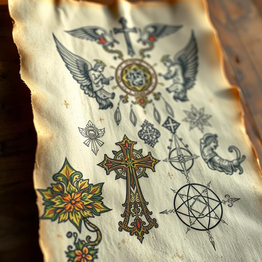 A hand-drawn medieval parchment displaying a collection of intricate religious tattoo designs. In the foreground, a detailed illuminated cross and ornate floral motifs, rendered in rich, vibrant colors. In the middle ground, a series of symbolic religious icons like angels, saints, and sacred geometry, each delicately etched onto the aged, textured surface. The background features a soft, muted wash of warm tones, evoking a sense of reverence and timelessness. Dramatic side lighting casts dramatic shadows, adding depth and dimension to the composition. Captured with a shallow depth of field, creating a sense of focus and emphasis on the religious imagery.