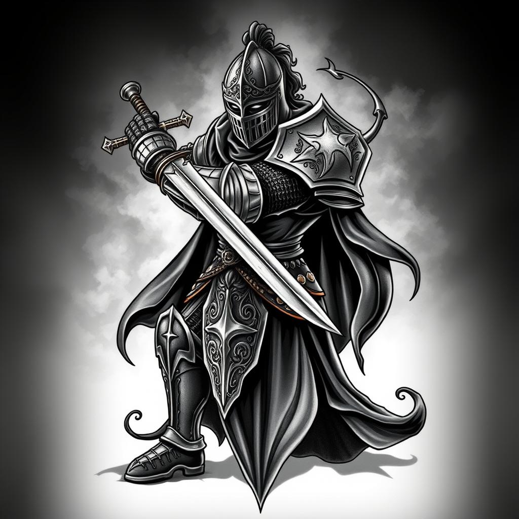 A highly detailed, intricately-designed knight tattoo illustration with a bold, dimensional quality. The tattoo design features a fierce knight in full plate armor, wielding a longsword in a heroic, battle-ready pose. The knight's armor is adorned with ornate, gothic-inspired motifs and embellishments, creating a sense of medieval grandeur. The design is rendered with a chiaroscuro lighting effect, casting dramatic shadows and highlights that accentuate the three-dimensional form. The tattoo is set against a moody, atmospheric background, with a vignette effect that draws the eye to the central subject. The overall aesthetic evokes the romantic, legendary spirit of medieval knights and warriors.
