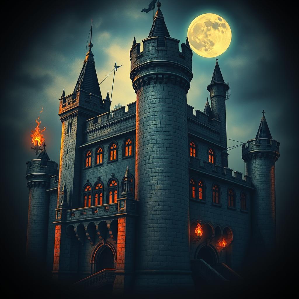 A medieval castle with intricate architectural details and turrets, illuminated by warm, ambient lighting from torches and moonlight. The castle is rendered in a moody, atmospheric style with a sense of age and history. The tattoo design features the castle's silhouette and key elements like arched windows, crenellations, and ornate stonework, with a touch of fantasy and mysticism. The overall composition evokes a sense of timeless grandeur and the allure of ancient, rugged structures.