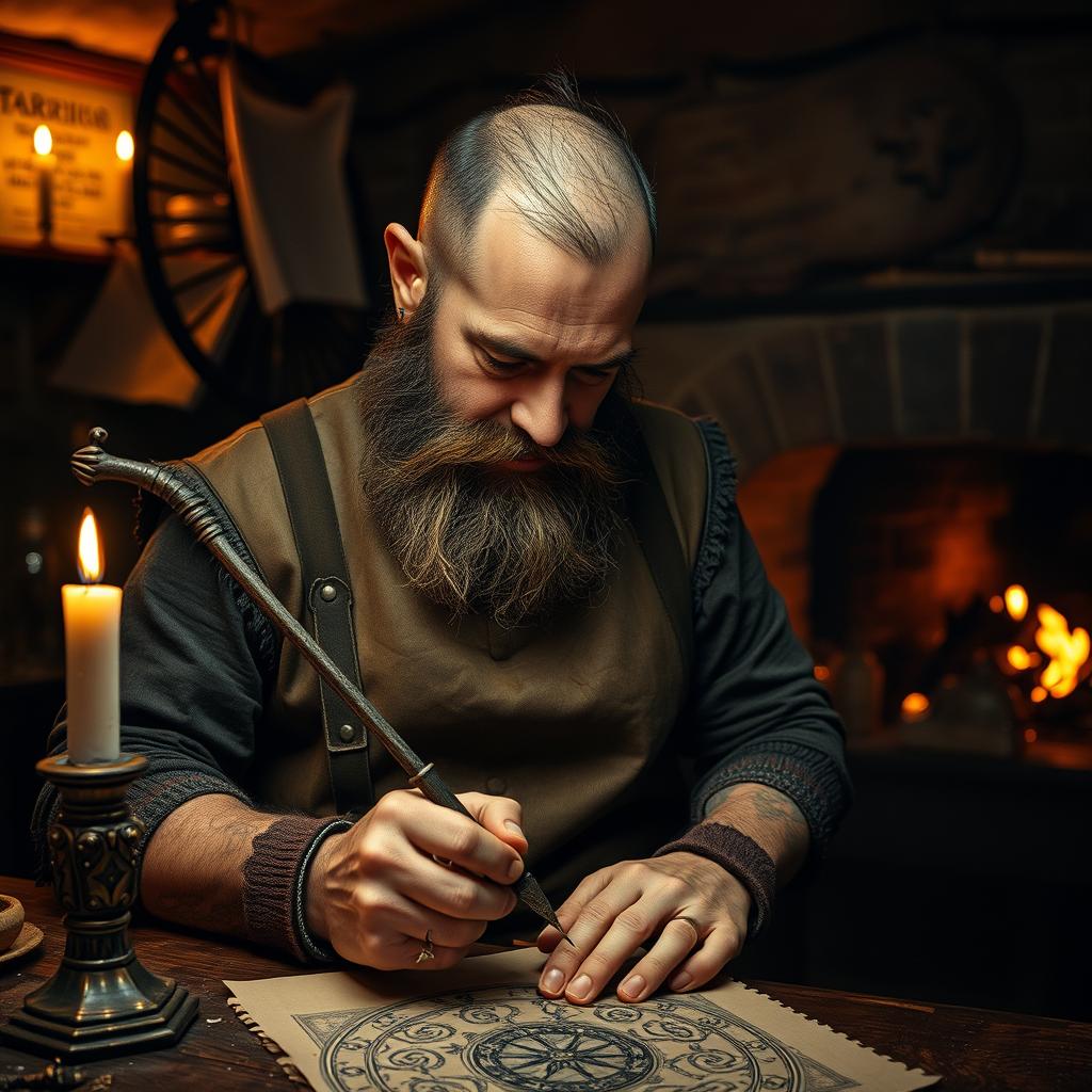 A medieval tattoo artist, adorned in a weathered leather apron, sits at a workbench within a dimly lit, candle-lit workshop. Their skilled hands grip an ornate tattoo needle, etching intricate designs onto the skin of a noble client. The artist's face is partly obscured by a rugged beard, their eyes narrowed in concentration. The air is thick with the scent of burning wax and the sound of the needle buzzing. Beyond the artist, the background is hazy, revealing glimpses of aged parchments, jars of pigments, and the faint glow of a crackling fireplace, setting the scene of a time-honored craft practiced in the shadows of a medieval era.