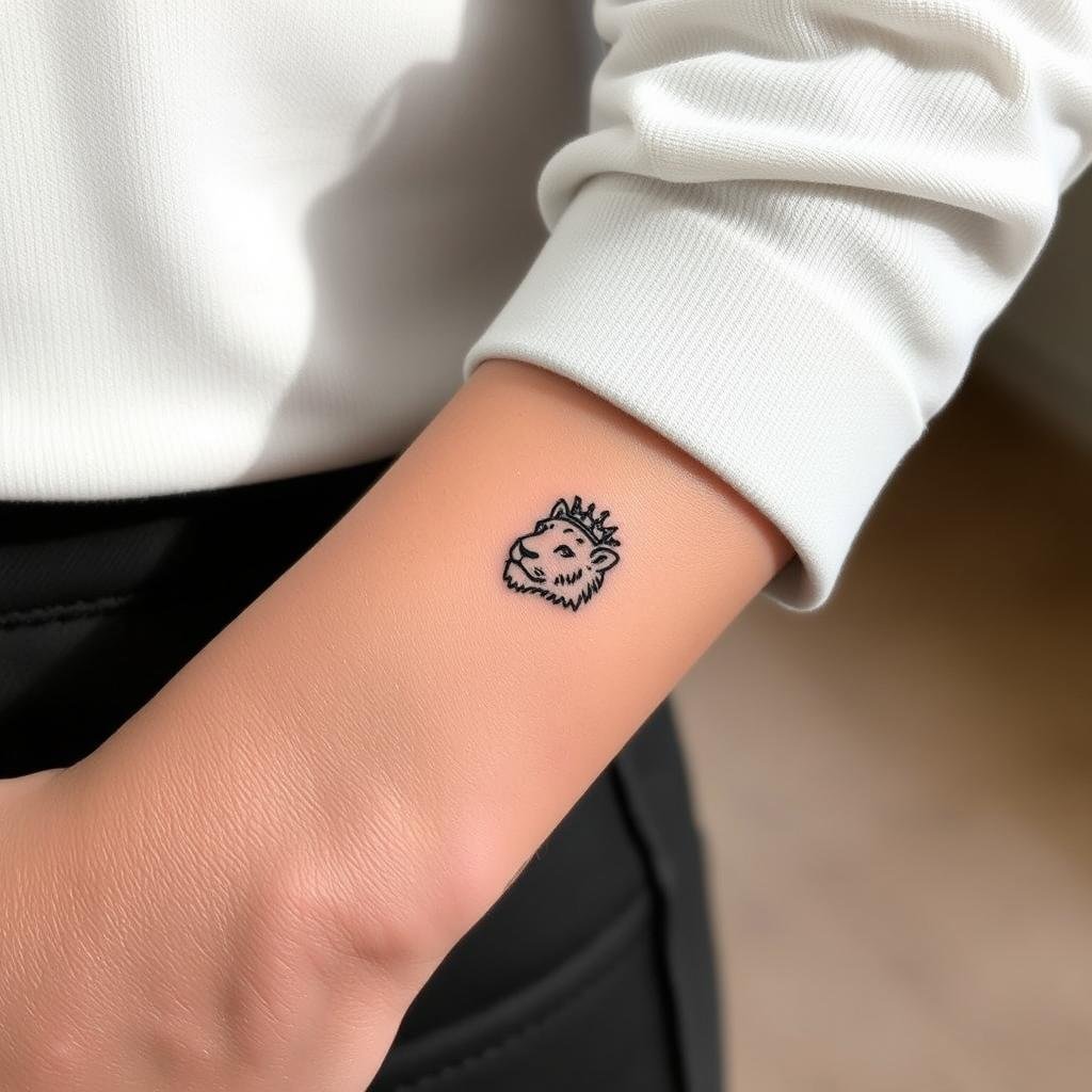 A minimal, small lioness tattoo on a woman's inner wrist A minimal, small lioness tattoo on a woman's inner wrist