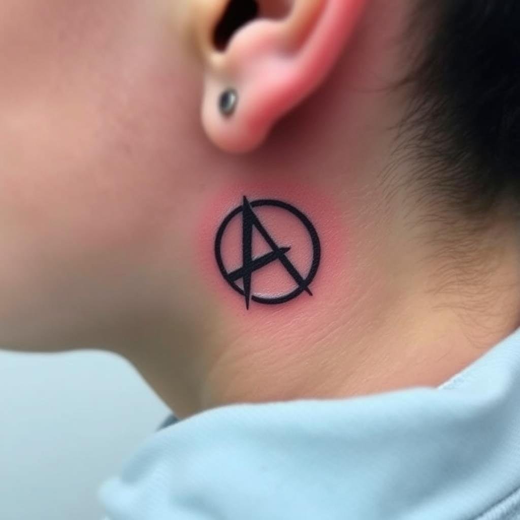 A minimalist anarchic symbol tattoo, placed delicately behind the ear. A minimalist anarchic symbol tattoo, placed delicately behind the ear.