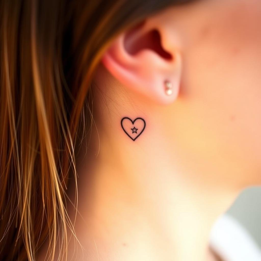 A minimalist, small heart tattoo behind a woman's ear A minimalist, small heart tattoo behind a woman's ear