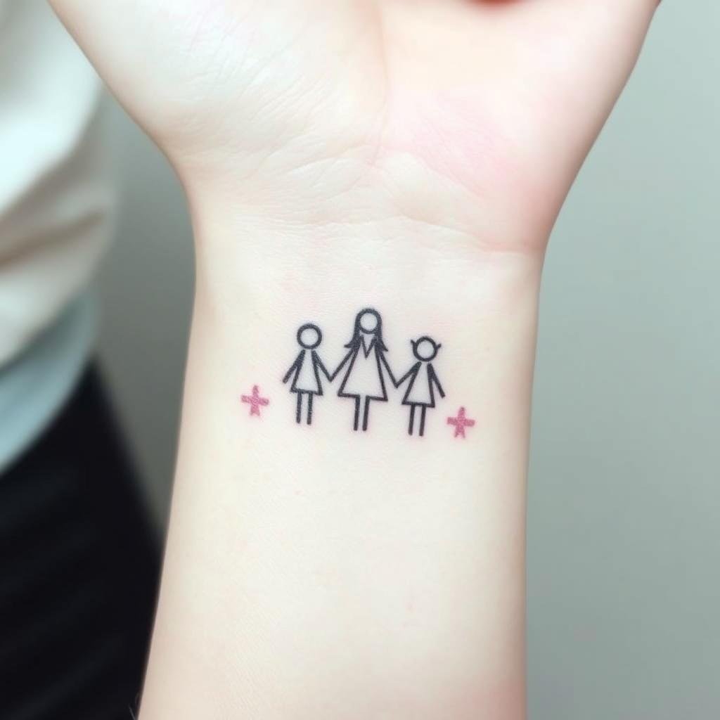 A minimalist stylized line tattoo design representing a mother and her three children