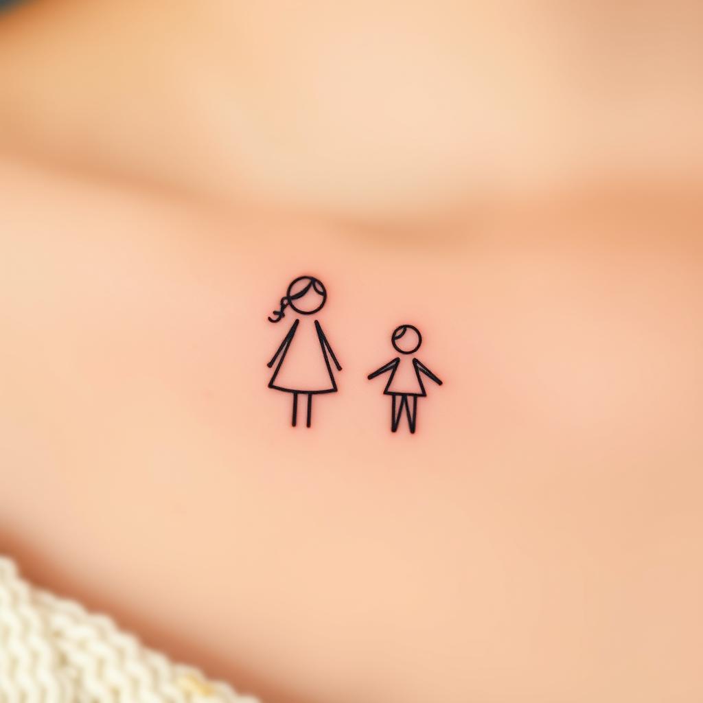 A minimalist tattoo design featuring two simple, elegant line art icons representing a mother and her two children. The icons are arranged in a balanced, harmonious composition, conveying a sense of maternal love and connection. The design is rendered in a muted, earthy color palette, with soft highlights and subtle shading to create a delicate, understated aesthetic. The overall composition is clean and uncluttered, allowing the meaningful symbolism to shine through. Captured with a natural, warm lighting setup and a slightly shallow depth of field, the image exudes a serene, intimate atmosphere perfect for the "Two Children Tattoos for Moms: Popular Design Styles" section. A minimalist tattoo design featuring two simple, elegant line art icons representing a mother and her two children. The icons are arranged in a balanced, harmonious composition, conveying a sense of maternal love and connection. The design is rendered in a muted, earthy color palette, with soft highlights and subtle shading to create a delicate, understated aesthetic. The overall composition is clean and uncluttered, allowing the meaningful symbolism to shine through. Captured with a natural, warm lighting setup and a slightly shallow depth of field, the image exudes a serene, intimate atmosphere perfect for the "Two Children Tattoos for Moms: Popular Design Styles" section.