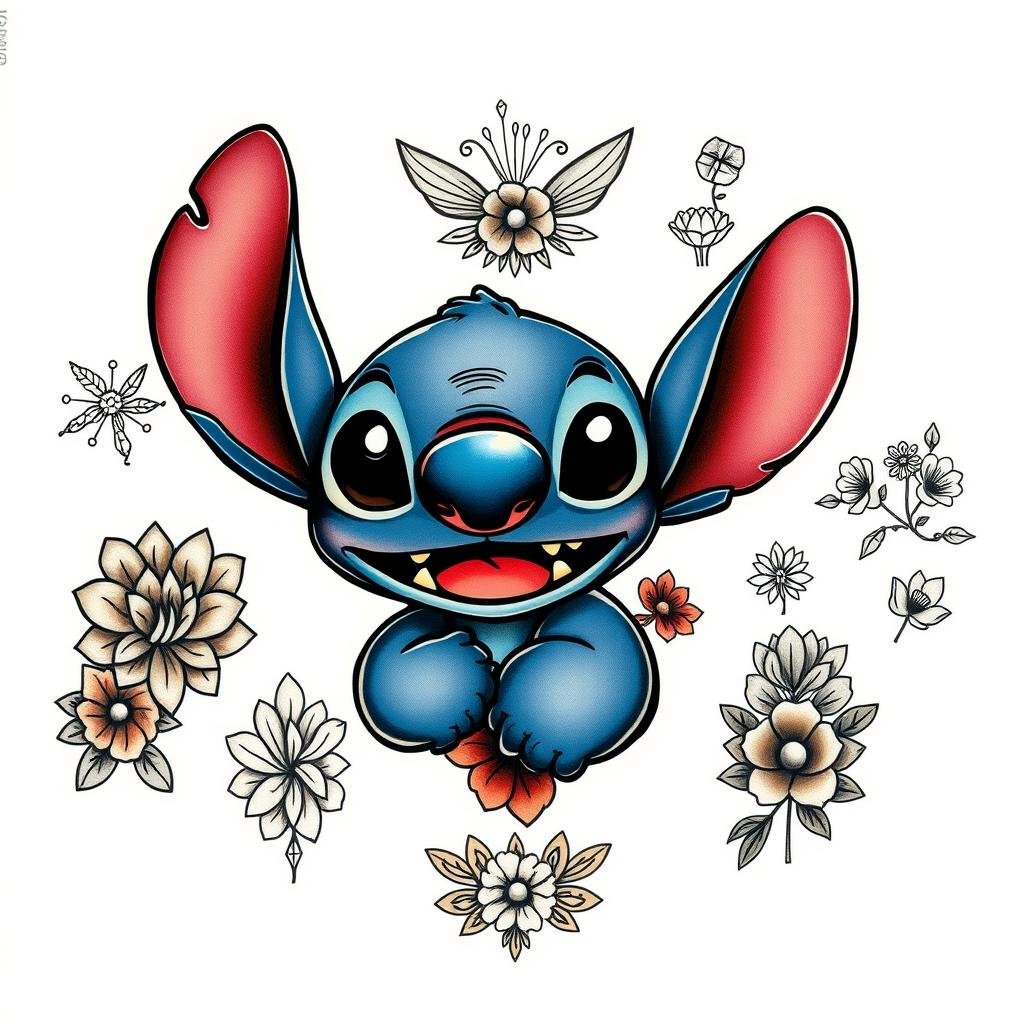 A photorealistic, high-resolution image of unique Disney Stitch tattoo designs showcasing a combination of modern and classic styles. The foreground depicts a detailed Stitch character, meticulously rendered with vibrant colors, expressive features, and intricate linework. The middle ground features a variety of tattoo design concepts, including bold graphic elements, delicate floral patterns, and playful Stitch-inspired motifs. The background subtly blends abstract textures and soft gradients, creating a visually striking and cohesive composition. The lighting is natural and diffused, highlighting the depth and dimension of the tattoo designs. The overall mood is one of whimsical creativity and personal expression, capturing the essence of a Disney Stitch tattoo that would appeal to both modern and classic fans. A photorealistic, high-resolution image of unique Disney Stitch tattoo designs showcasing a combination of modern and classic styles. The foreground depicts a detailed Stitch character, meticulously rendered with vibrant colors, expressive features, and intricate linework. The middle ground features a variety of tattoo design concepts, including bold graphic elements, delicate floral patterns, and playful Stitch-inspired motifs. The background subtly blends abstract textures and soft gradients, creating a visually striking and cohesive composition. The lighting is natural and diffused, highlighting the depth and dimension of the tattoo designs. The overall mood is one of whimsical creativity and personal expression, capturing the essence of a Disney Stitch tattoo that would appeal to both modern and classic fans.