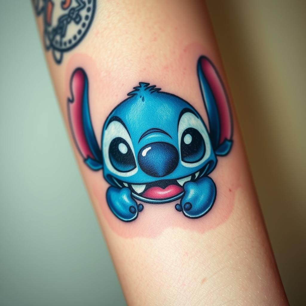 A playful and whimsical close-up of a cute Stitch character tattoo design, rendered in a vibrant, colorful style. The tattoo features Stitch's signature big eyes, mischievous grin, and distinctive blue fur, captured in a dynamic, expressive pose. The background is soft and slightly blurred, with subtle pastel tones that complement the tattoo's design. The lighting is warm and flattering, highlighting the delicate linework and vibrant shades. The overall composition emphasizes the playful, endearing nature of the Stitch character, capturing the essence of a cute, fan-inspired tattoo design. A playful and whimsical close-up of a cute Stitch character tattoo design, rendered in a vibrant, colorful style. The tattoo features Stitch's signature big eyes, mischievous grin, and distinctive blue fur, captured in a dynamic, expressive pose. The background is soft and slightly blurred, with subtle pastel tones that complement the tattoo's design. The lighting is warm and flattering, highlighting the delicate linework and vibrant shades. The overall composition emphasizes the playful, endearing nature of the Stitch character, capturing the essence of a cute, fan-inspired tattoo design.