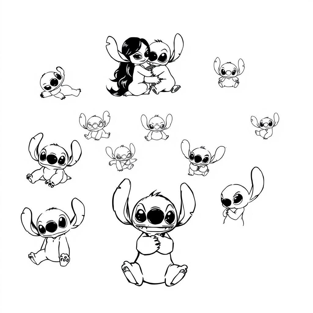 A playful, ink-sketched illustration of unique Lilo and Stitch tattoo designs, set against a neutral background. The foreground features a variety of Stitch silhouettes in dynamic, cartoon-inspired poses - lounging, leaping, and embracing Lilo. The middle ground showcases delicate, line-drawn Stitch tattoos, their shapes and sizes varying, in shades of black and grey. The background is a soft, minimalist plane, allowing the focal tattoo designs to take center stage. Bright, diffused lighting casts a whimsical glow, evoking the lighthearted spirit of the Lilo and Stitch franchise. The overall composition conveys a sense of joyful, youthful energy perfect for a Disney-inspired tattoo theme. A playful, ink-sketched illustration of unique Lilo and Stitch tattoo designs, set against a neutral background. The foreground features a variety of Stitch silhouettes in dynamic, cartoon-inspired poses - lounging, leaping, and embracing Lilo. The middle ground showcases delicate, line-drawn Stitch tattoos, their shapes and sizes varying, in shades of black and grey. The background is a soft, minimalist plane, allowing the focal tattoo designs to take center stage. Bright, diffused lighting casts a whimsical glow, evoking the lighthearted spirit of the Lilo and Stitch franchise. The overall composition conveys a sense of joyful, youthful energy perfect for a Disney-inspired tattoo theme.