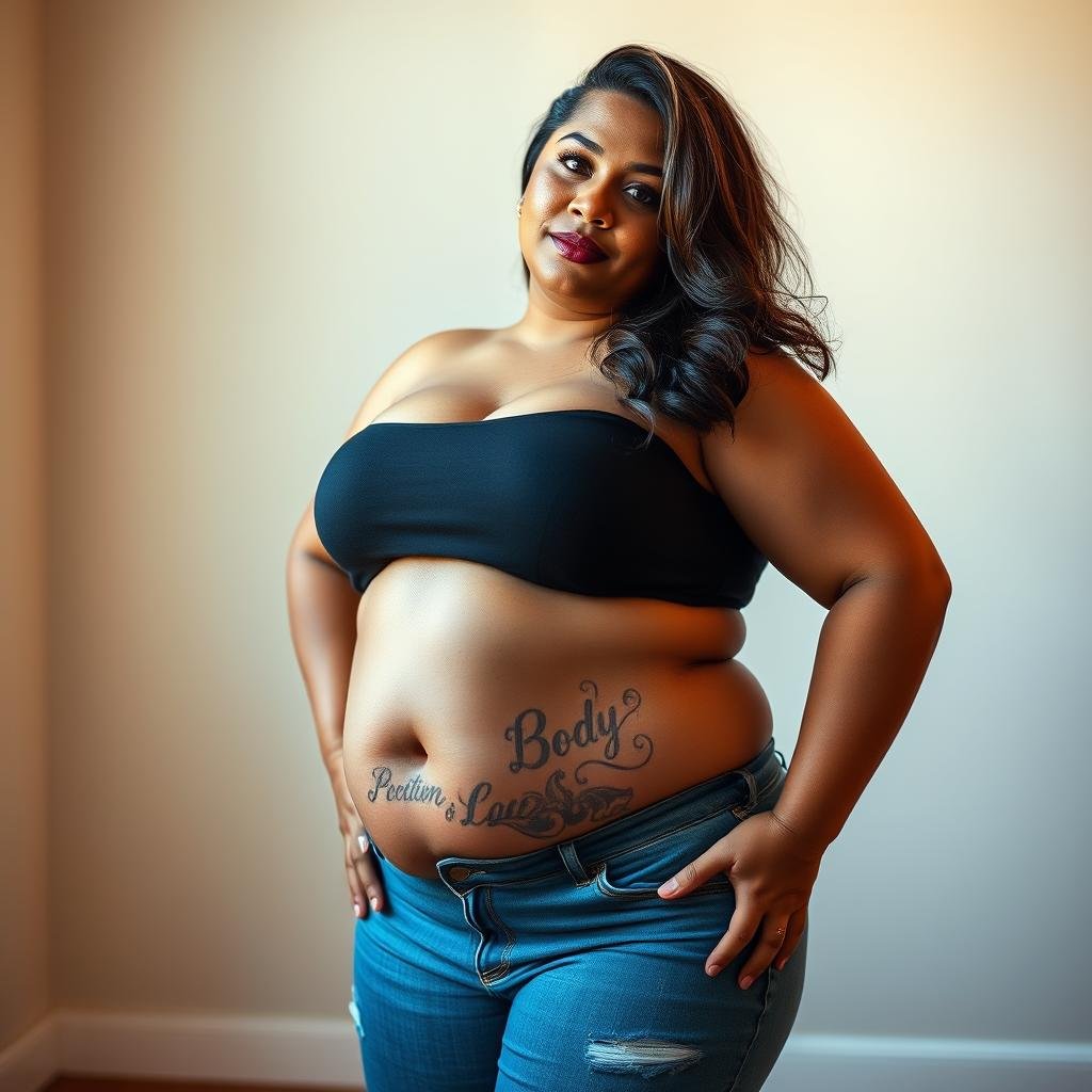 A plus-size female model standing confidently, her stomach exposed, revealing a bold, body-positive tattoo design. The lighting is warm and natural, highlighting the intricate details of the ink. The background is a serene, minimalist setting, allowing the subject to be the focal point. The model's expression exudes self-acceptance and pride, conveying a message of empowerment and inclusivity. The camera angle captures the tattoo from a flattering, up-close perspective, showcasing the artistry and the model's curves in a respectful, celebratory manner. A plus-size female model standing confidently, her stomach exposed, revealing a bold, body-positive tattoo design. The lighting is warm and natural, highlighting the intricate details of the ink. The background is a serene, minimalist setting, allowing the subject to be the focal point. The model's expression exudes self-acceptance and pride, conveying a message of empowerment and inclusivity. The camera angle captures the tattoo from a flattering, up-close perspective, showcasing the artistry and the model's curves in a respectful, celebratory manner.