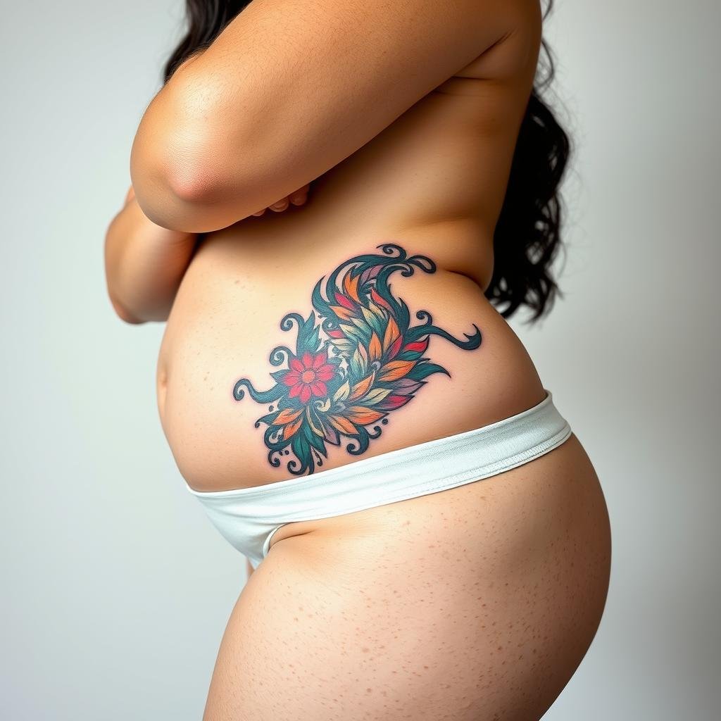 A plus-size woman confidently poses, showcasing a bold and intricate abstract tattoo design on her stomach A plus-size woman confidently poses, showcasing a bold and intricate abstract tattoo design on her stomach