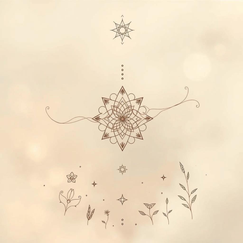A serene, abstract composition depicting intricate line-art tattoo designs symbolizing personal growth and transformation. The central focus is a graceful, flowing motif of interconnected shapes and patterns, rendered in a mix of muted earthy tones and delicate, metallic accents. Surrounding this, the mid-ground features a constellation of smaller, geometric elements and botanical silhouettes, hinting at the diverse sources of inspiration. The background maintains a soft, atmospheric quality, with subtle lighting effects that imbue the entire scene with a sense of tranquility and introspection. The overall aesthetic evokes a meditative, yet striking visual representation of the self-growth journey. A serene, abstract composition depicting intricate line-art tattoo designs symbolizing personal growth and transformation. The central focus is a graceful, flowing motif of interconnected shapes and patterns, rendered in a mix of muted earthy tones and delicate, metallic accents. Surrounding this, the mid-ground features a constellation of smaller, geometric elements and botanical silhouettes, hinting at the diverse sources of inspiration. The background maintains a soft, atmospheric quality, with subtle lighting effects that imbue the entire scene with a sense of tranquility and introspection. The overall aesthetic evokes a meditative, yet striking visual representation of the self-growth journey.