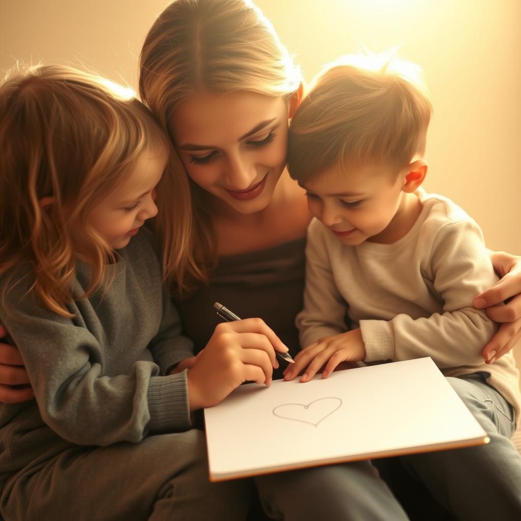 A serene, backlit scene of a mother and her two children, their faces lovingly intertwined as they collaborate on a delicate, intricate tattoo design. The children's eager expressions and the mother's gentle guidance create a palpable sense of connection and shared creativity. Soft, warm lighting illuminates their tender expressions, casting a golden glow that envelops the intimate moment. The tattoo sketch, rendered in fine, flowing lines, takes shape between their bonded hands, a symbol of their enduring bond. The overall composition conveys a sense of harmony, love, and the joy of a family's collaborative artistic journey. A serene, backlit scene of a mother and her two children, their faces lovingly intertwined as they collaborate on a delicate, intricate tattoo design. The children's eager expressions and the mother's gentle guidance create a palpable sense of connection and shared creativity. Soft, warm lighting illuminates their tender expressions, casting a golden glow that envelops the intimate moment. The tattoo sketch, rendered in fine, flowing lines, takes shape between their bonded hands, a symbol of their enduring bond. The overall composition conveys a sense of harmony, love, and the joy of a family's collaborative artistic journey.
