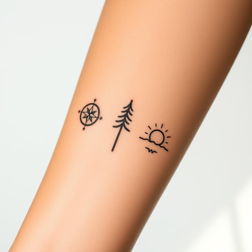 A serene close-up of several minimalist yet meaningful self-improvement tattoos on a person's inner forearm. The tattoos feature simple line art designs like a compass, a tree, and a rising sun - symbols of personal growth, direction, and transformation. The skin has a warm, lifelike texture and the tattoos are perfectly crisp and detailed, as if freshly inked. The lighting is soft and diffused, creating gentle shadows that accentuate the delicate linework. The image has a contemplative, introspective mood, inviting the viewer to reflect on their own journey of self-discovery. A serene close-up of several minimalist yet meaningful self-improvement tattoos on a person's inner forearm. The tattoos feature simple line art designs like a compass, a tree, and a rising sun - symbols of personal growth, direction, and transformation. The skin has a warm, lifelike texture and the tattoos are perfectly crisp and detailed, as if freshly inked. The lighting is soft and diffused, creating gentle shadows that accentuate the delicate linework. The image has a contemplative, introspective mood, inviting the viewer to reflect on their own journey of self-discovery.