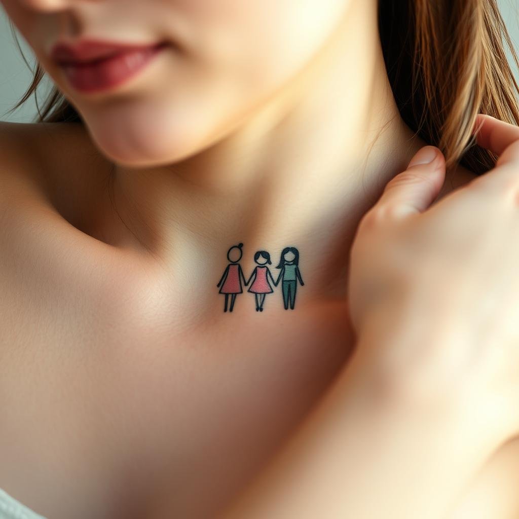 A serene, close-up portrait of a mother's torso, her skin adorned with a delicate tattoo design featuring three intertwined silhouettes representing her children. The tattoo is rendered in intricate linework and soft shades, capturing the unique personalities and bonds of the family. The background is hazy and out of focus, allowing the tattoo to be the central focus. Soft, natural lighting illuminates the skin, creating a warm, intimate atmosphere. The overall composition conveys a sense of love, harmony, and the cherished connection between a mother and her children.