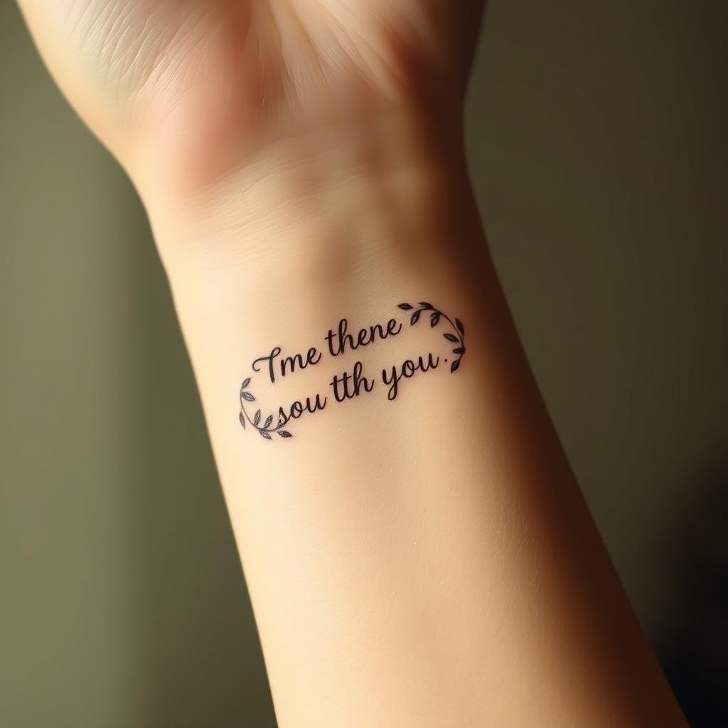A serene, minimalist tattoo design of a positive affirmation placed strategically on the inner wrist. The affirmation is elegantly handwritten in a stylized script, the letters flowing together with an organic, calligraphic quality. Delicate florals or vines, rendered in a muted, nature-inspired palette, frame the affirmation, creating a sense of grounding and growth. Soft, diffused lighting casts a warm, soothing glow, emphasizing the tattoo's intimate, personal nature. The composition is balanced, with the design centered and taking up a moderate amount of the frame, leaving negative space to convey a sense of simplicity and focus. The overall mood is one of introspection, self-reflection, and a quiet, steadfast confidence. A serene, minimalist tattoo design of a positive affirmation placed strategically on the inner wrist. The affirmation is elegantly handwritten in a stylized script, the letters flowing together with an organic, calligraphic quality. Delicate florals or vines, rendered in a muted, nature-inspired palette, frame the affirmation, creating a sense of grounding and growth. Soft, diffused lighting casts a warm, soothing glow, emphasizing the tattoo's intimate, personal nature. The composition is balanced, with the design centered and taking up a moderate amount of the frame, leaving negative space to convey a sense of simplicity and focus. The overall mood is one of introspection, self-reflection, and a quiet, steadfast confidence.