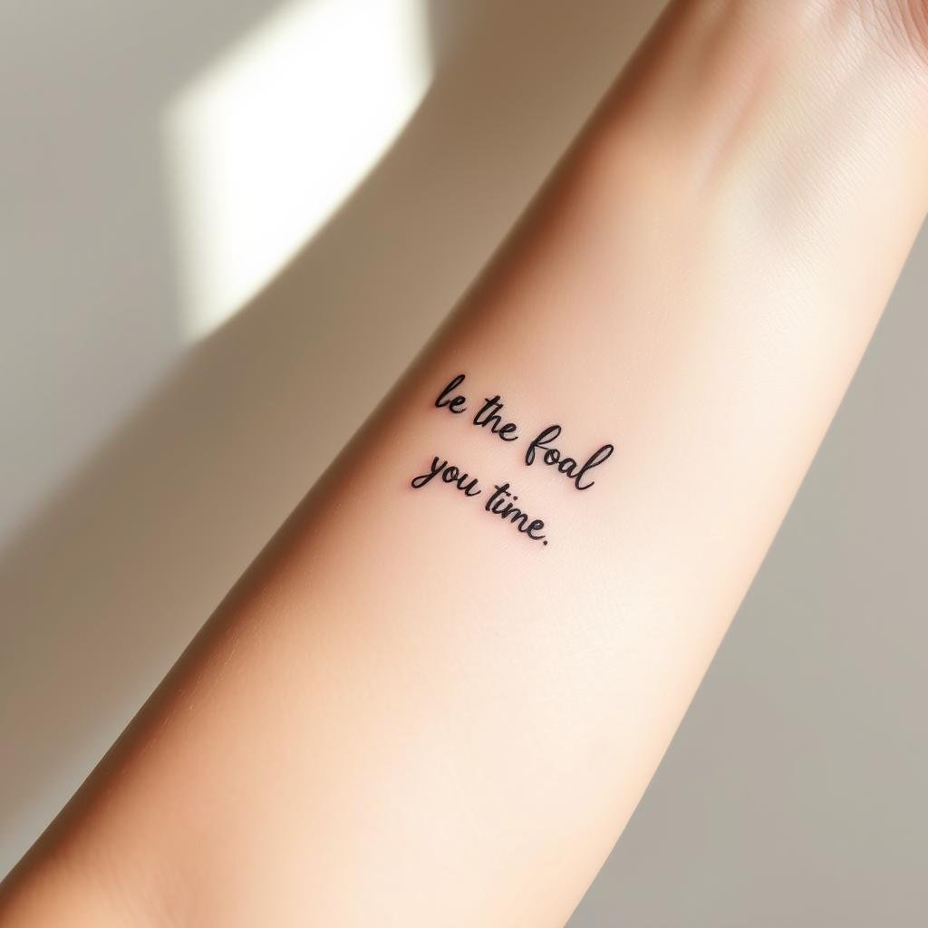 A serene, minimalist tattoo design of an inspirational quote or mantra, rendered in an elegant calligraphic style on a lifelike human arm or hand. The tattoo appears to have been freshly inked, with subtle highlights and shading that convey its three-dimensional form. The focus is on the expressive, meaningful message of the tattoo, set against a smooth, neutral background that allows the artwork to shine. Soft, natural lighting illuminates the skin and accentuates the delicate lines and curves of the calligraphy. The overall mood is one of thoughtful introspection and personal growth. A serene, minimalist tattoo design of an inspirational quote or mantra, rendered in an elegant calligraphic style on a lifelike human arm or hand. The tattoo appears to have been freshly inked, with subtle highlights and shading that convey its three-dimensional form. The focus is on the expressive, meaningful message of the tattoo, set against a smooth, neutral background that allows the artwork to shine. Soft, natural lighting illuminates the skin and accentuates the delicate lines and curves of the calligraphy. The overall mood is one of thoughtful introspection and personal growth.