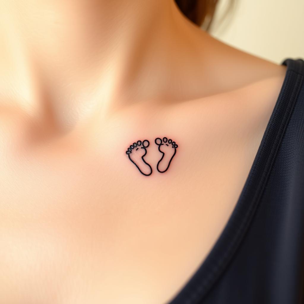 A small and delicate tattoo design for moms representing two children. The tattoo features two tiny matching footprints forming a subtle heart shape A small and delicate tattoo design for moms representing two children. The tattoo features two tiny matching footprints forming a subtle heart shape