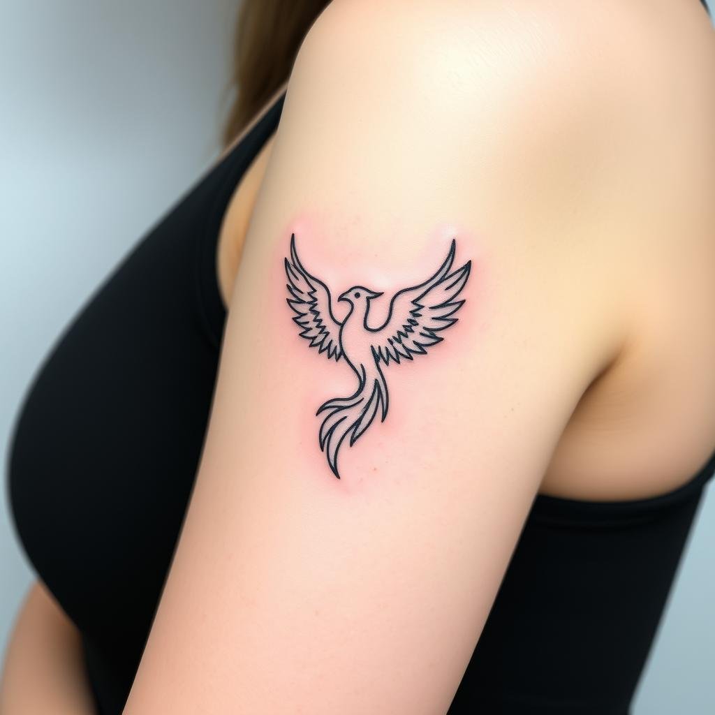 A small, bold phoenix rising baddie tattoo design on woman upper arm A small, bold phoenix rising baddie tattoo design on woman upper arm