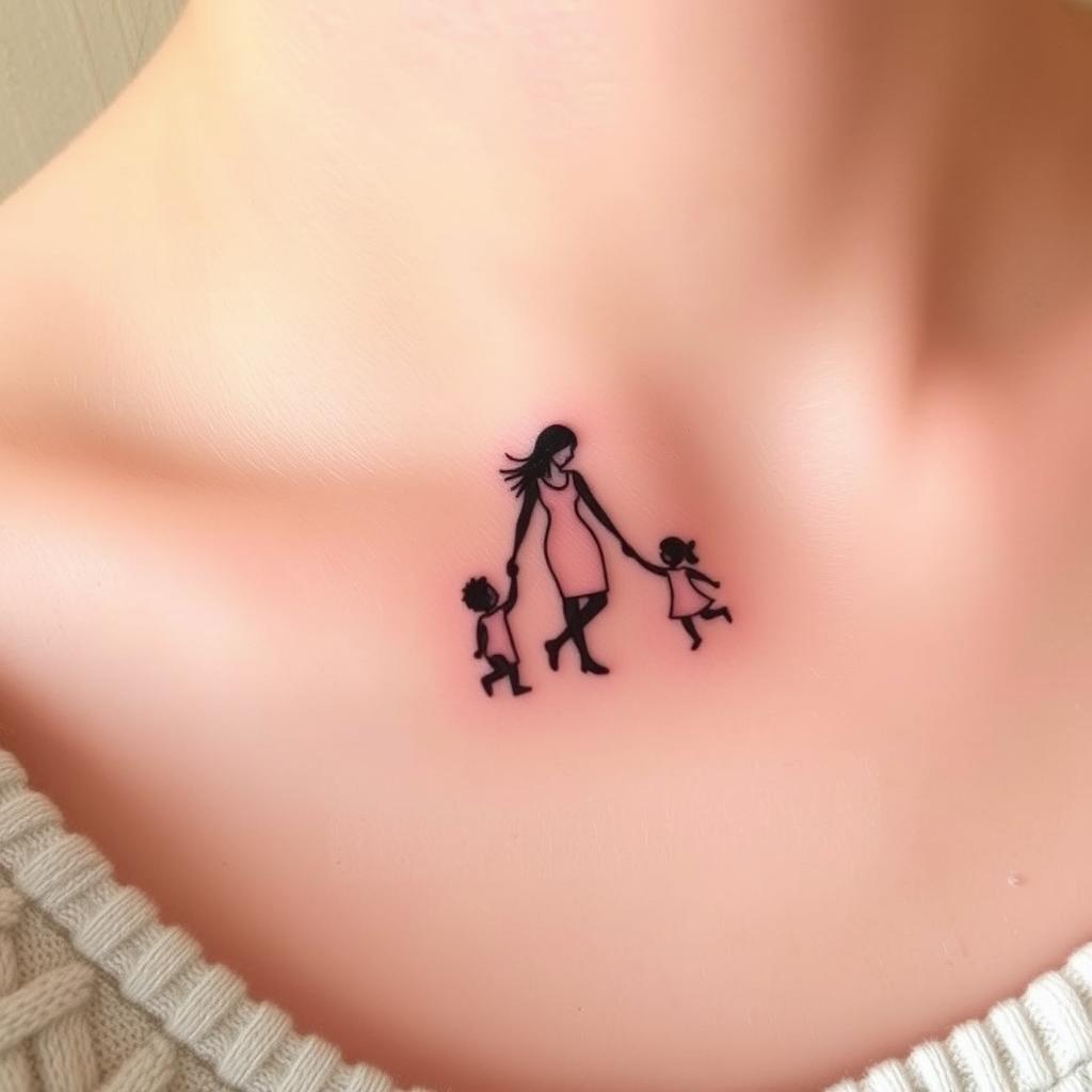 A small, delicate silhouette tattoo showing a mother holding hands with her two children A small, delicate silhouette tattoo showing a mother holding hands with her two children