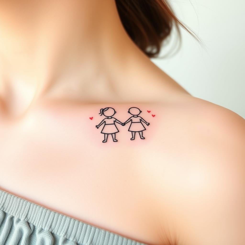 A small, delicate tattoo design of two children holding hands, symbolizing motherhood and love A small, delicate tattoo design of two children holding hands, symbolizing motherhood and love