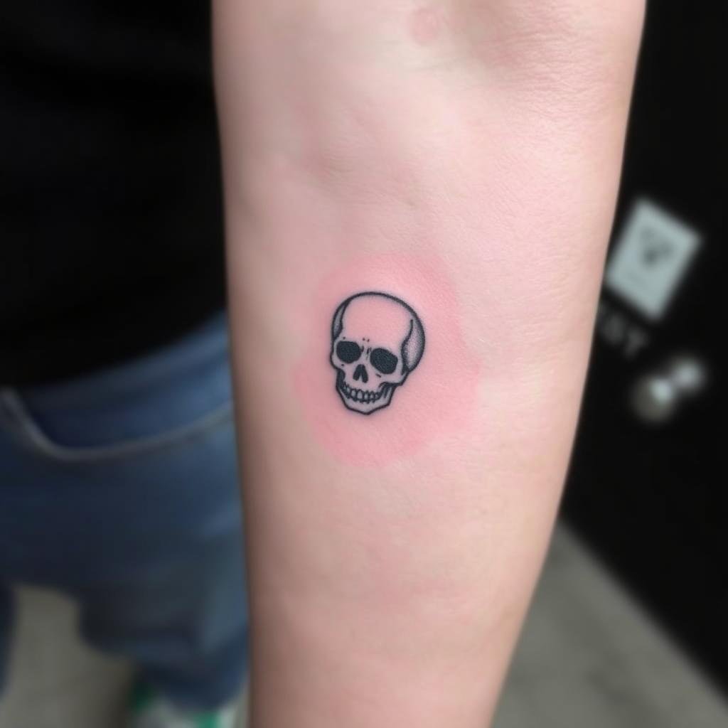 A small, edgy mini skull tattoo, designed with fine lines and minimal shading A small, edgy mini skull tattoo, designed with fine lines and minimal shading