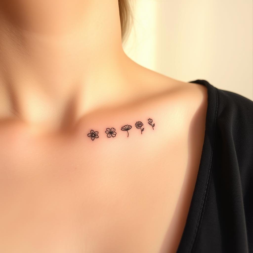 A small, elegant tattoo design featuring a row of delicate birth flowers, each representing a different month, symbolizing a mother’s children