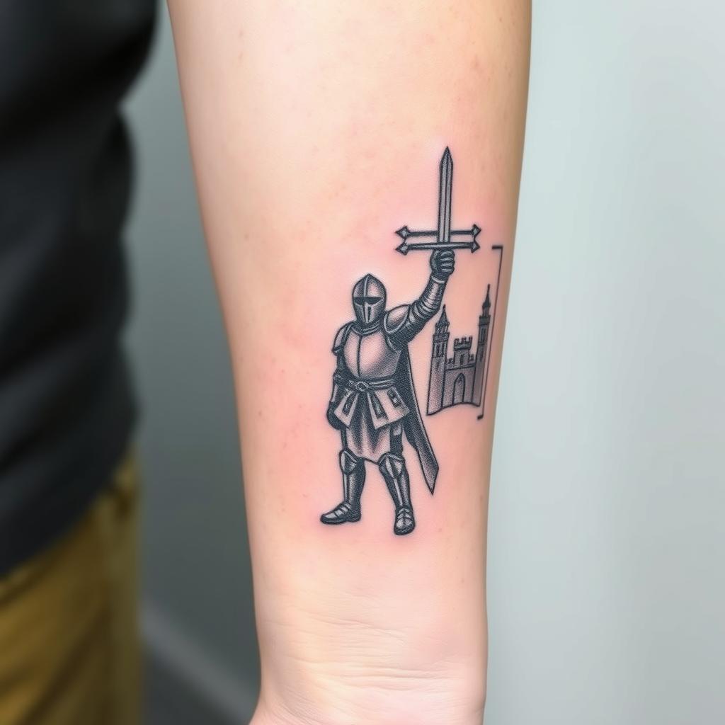 A small medieval-style tattoo designed for the inner forearm