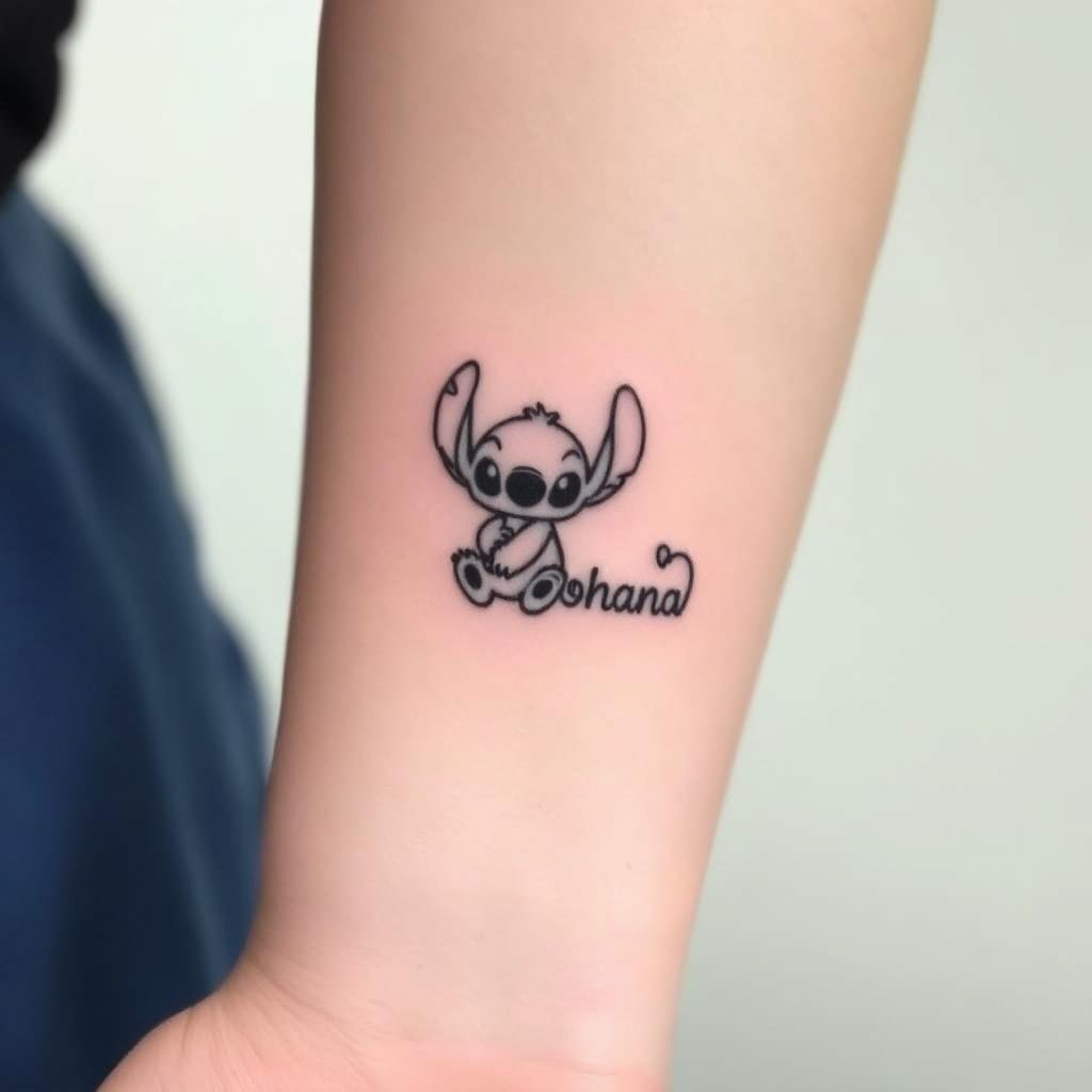 A small, minimalist tattoo design of Stitch’s spiky silhouette, with a delicate 'ohana' script curling softly around his tail A small, minimalist tattoo design of Stitch’s spiky silhouette, with a delicate 'ohana' script curling softly around his tail